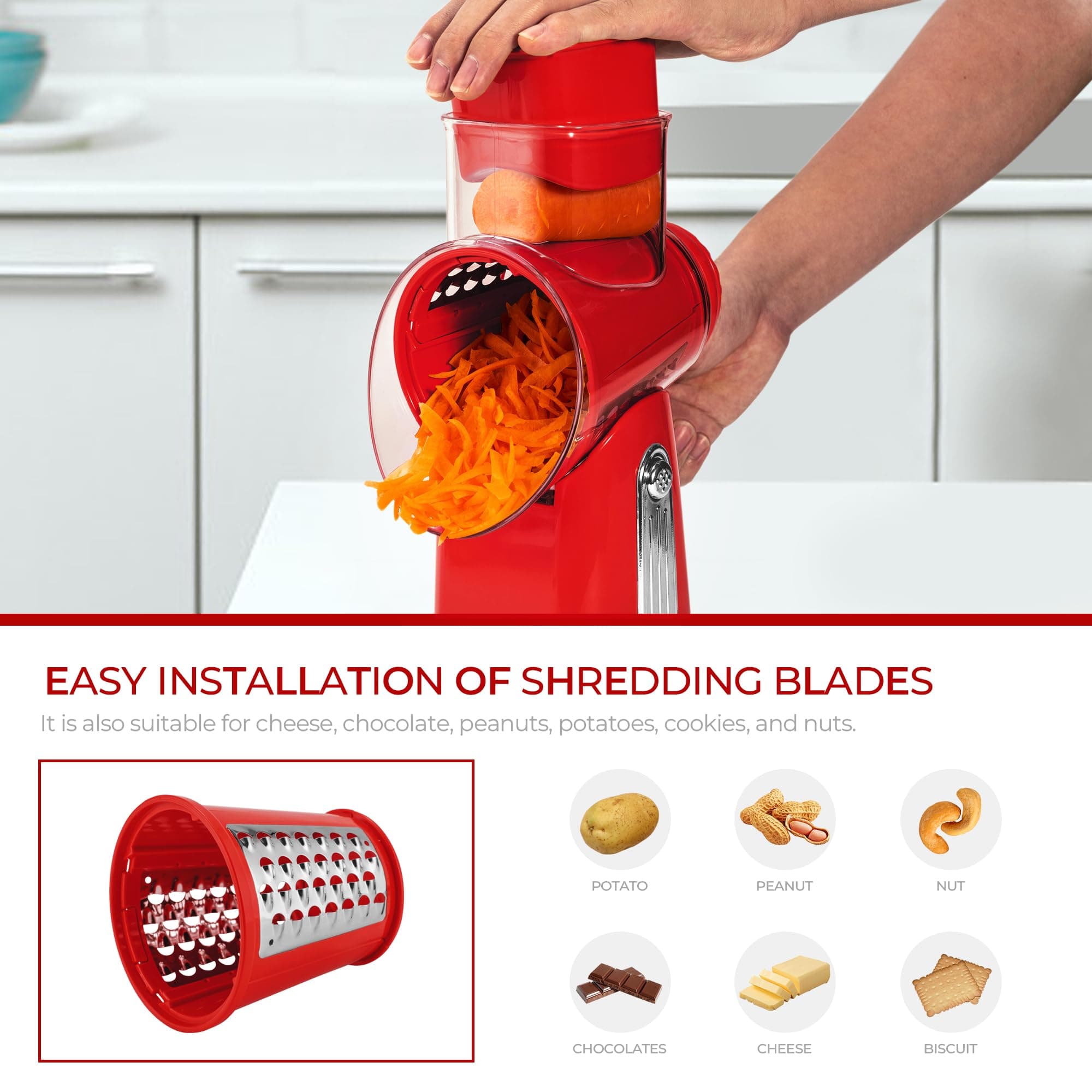 SUSTEAS Rotary Cheese Grater with Handle - Vegetable Shredder with 5 Well-Designed Blades and Strong Suction Base, Round Mandoline Slicer and Food Chopper for Kitchen, with Box