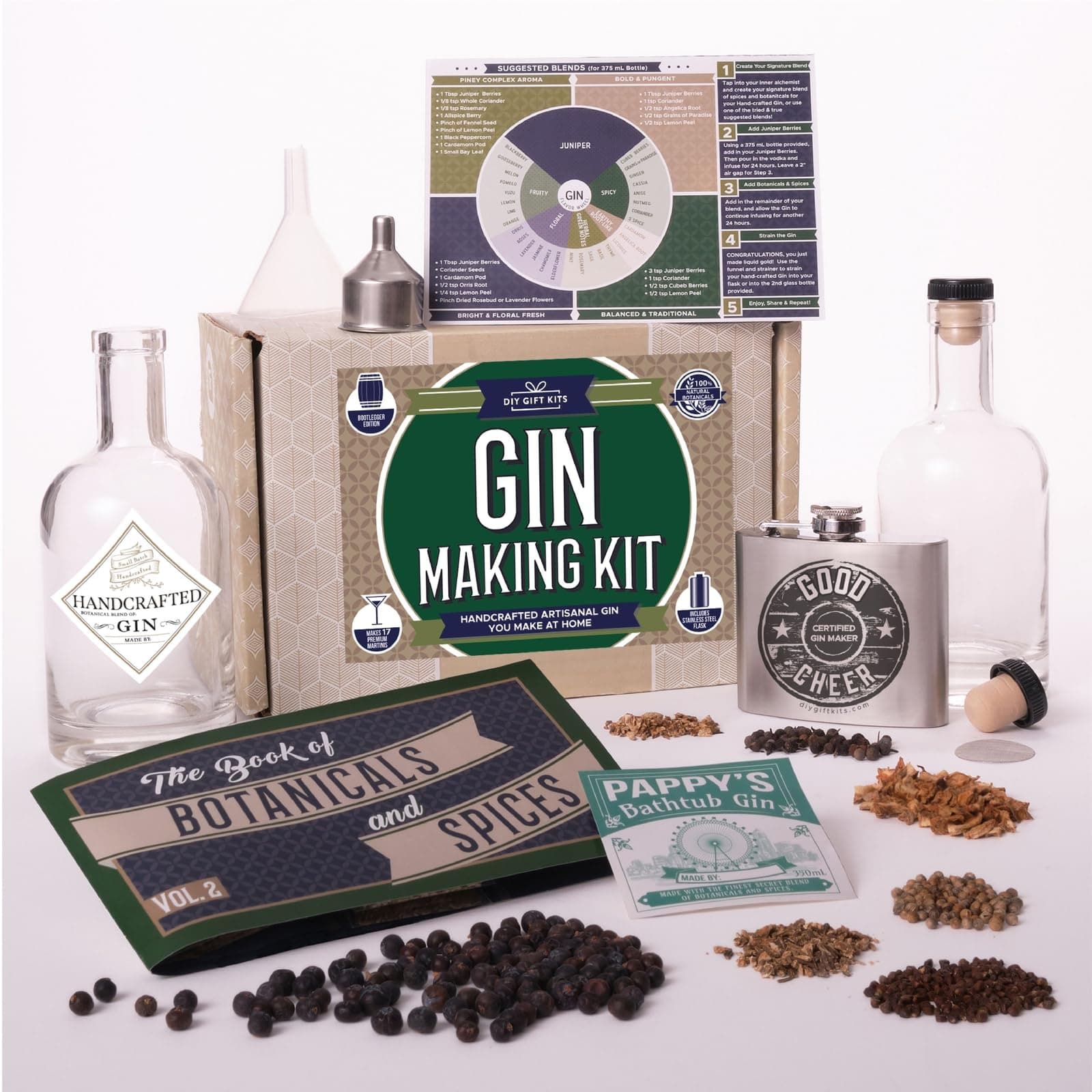 DIY Gift Kits Alcohol Infusion Kit - DIY Botanical Gin Infusion Kit with 6 Botanicals & Stainless Steel Flask & Funnel - Make Your Own Gin Cocktail Gift Set - 20 Piece Set