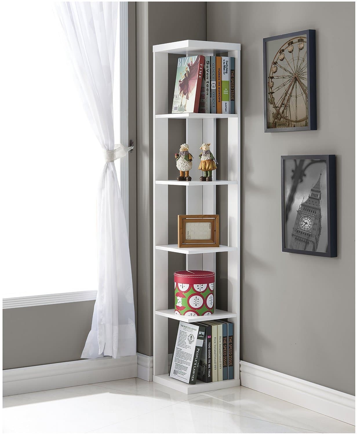 Wood Wall Corner 5-Tier Bookshelf - White
