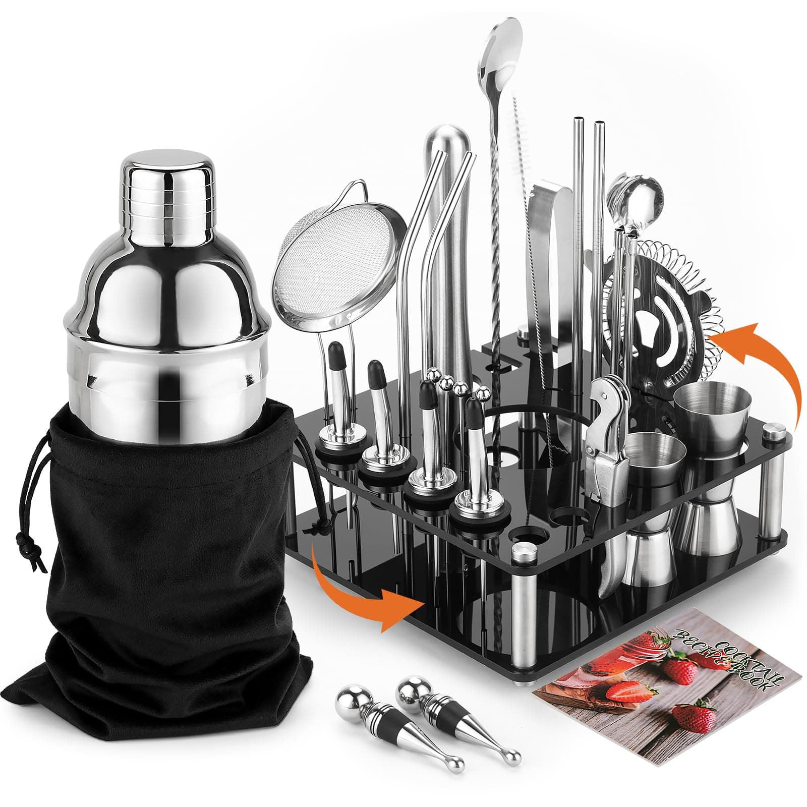 KINGROWMixology Cocktail Shaker Set - Complete 29-Piece Bartender Kit and Bar Tools with Acrylic Rotating Stand, Professional Bar Set for Drink Mixing, Home, Bar, Party (Sliver)