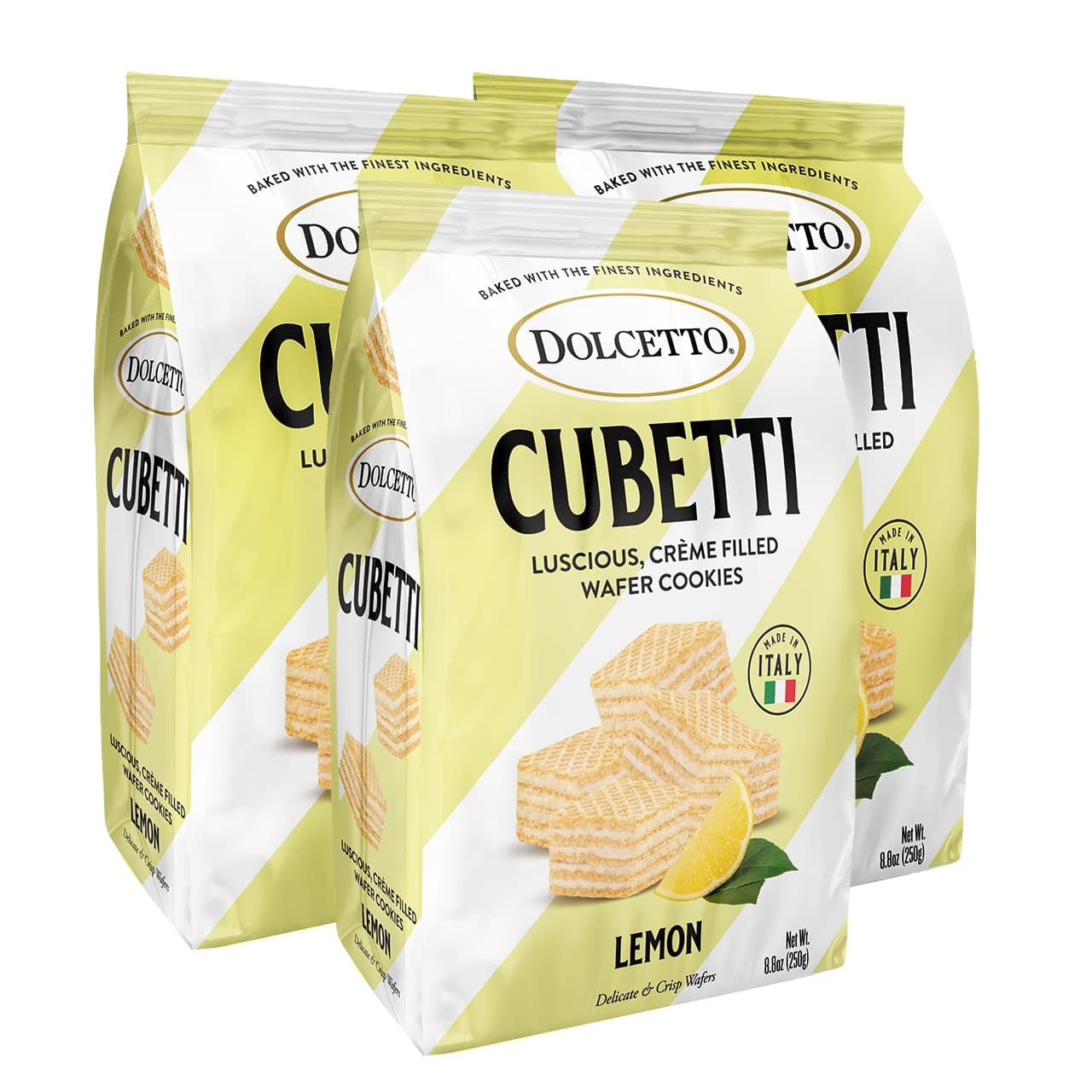 Dolcetto Cubetti Wafer Cookies, Lemon Flavor, 8.8 Ounce (Pack of 3), Cream Filled Bite Sized Crispy Wafer Cookies, Made in Italy, Halal