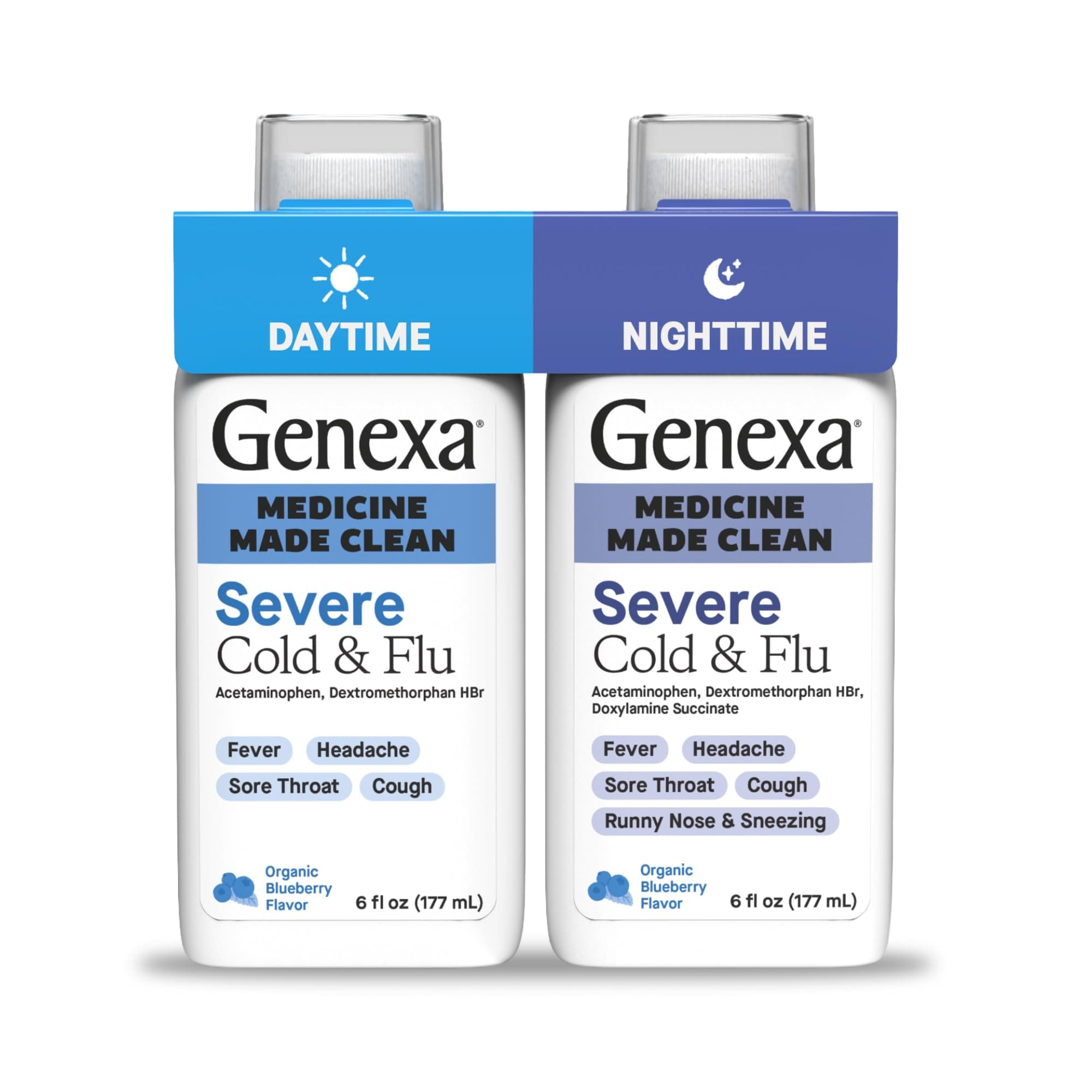 Genexa Clean Day + Night Cold & Flu Relief, Max Strength, Dye Free, 0% Artificial Additives, Acetaminophen Fever Reducer, Cough Suppressant, Antihistamine, Organic Blueberry Flavor, 12 fl oz (2 Pack)