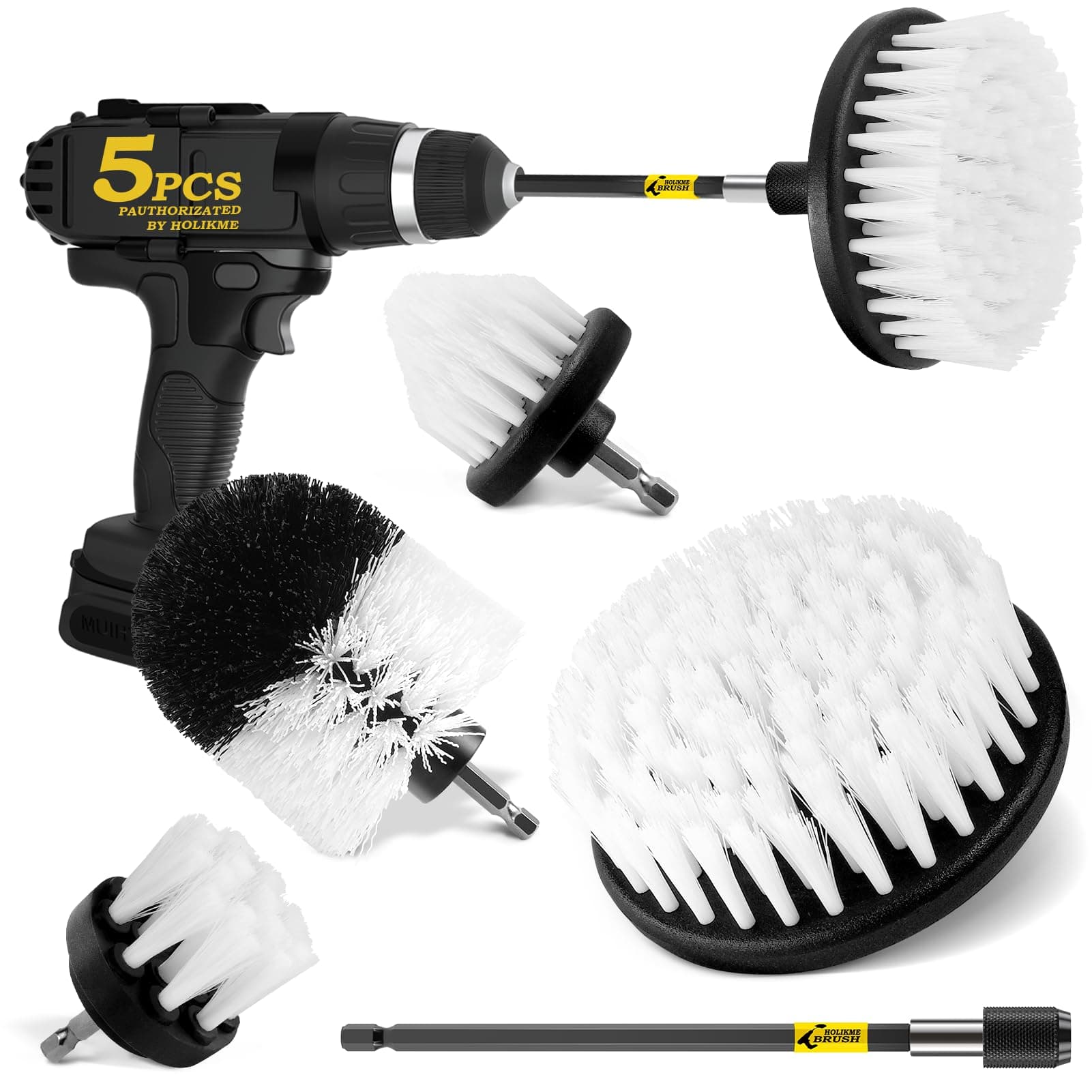5Pack Drill Brush Attachment Set-Car Interior Detailing Kit,Power Scrubber Brush Extended Long Attachment for Bathroom, Car,Shower,Carpet,Boat,Kitchen,Floor and Tile,White