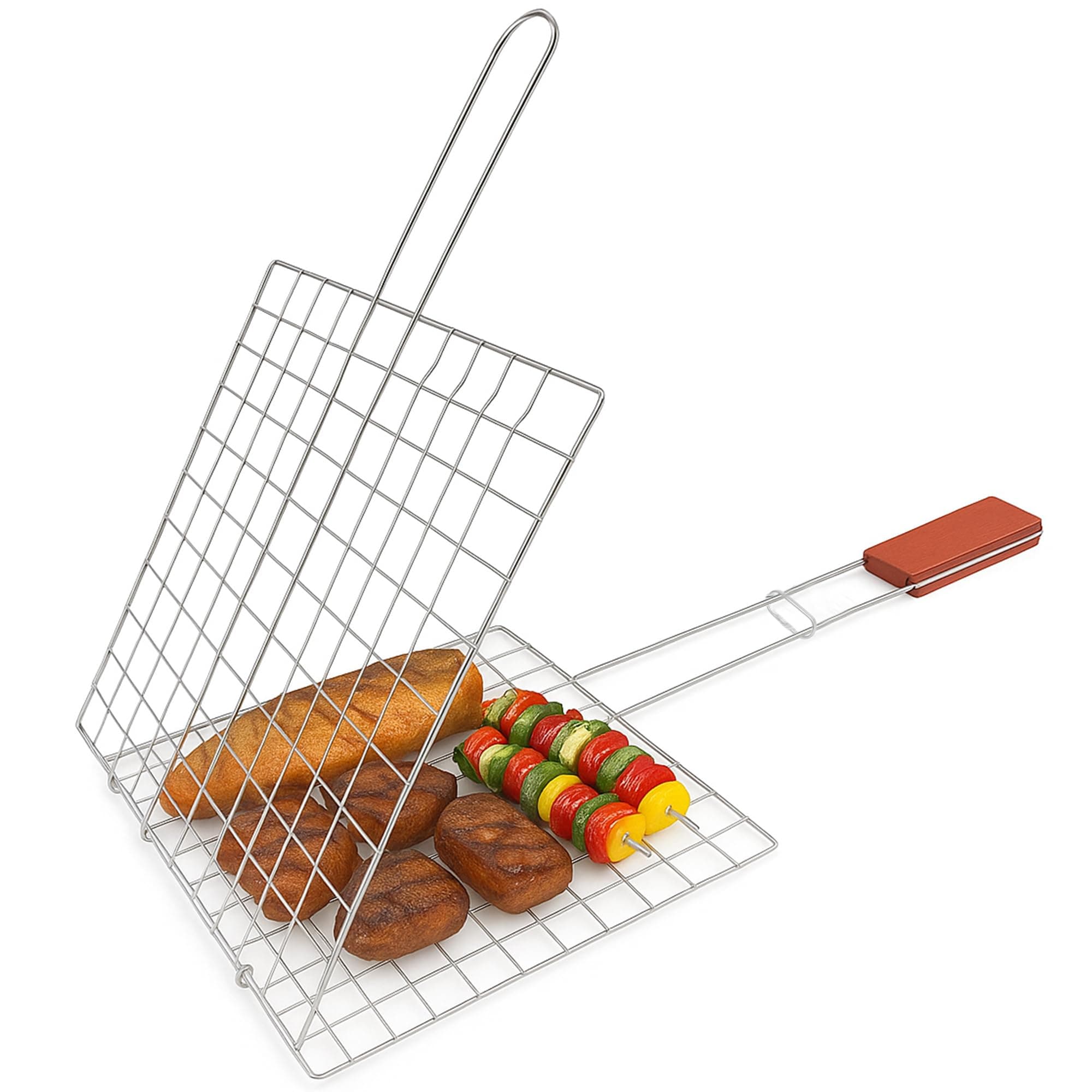 TIJAR® BBQ Grill Basket, Folding Grill Basket with Long Handle, Grids & Grates, Reusable Steel, Strong Fish Grill Basket, Perfect for Grilling Vegetables, Steaks, Shrimp, Sausages (1)
