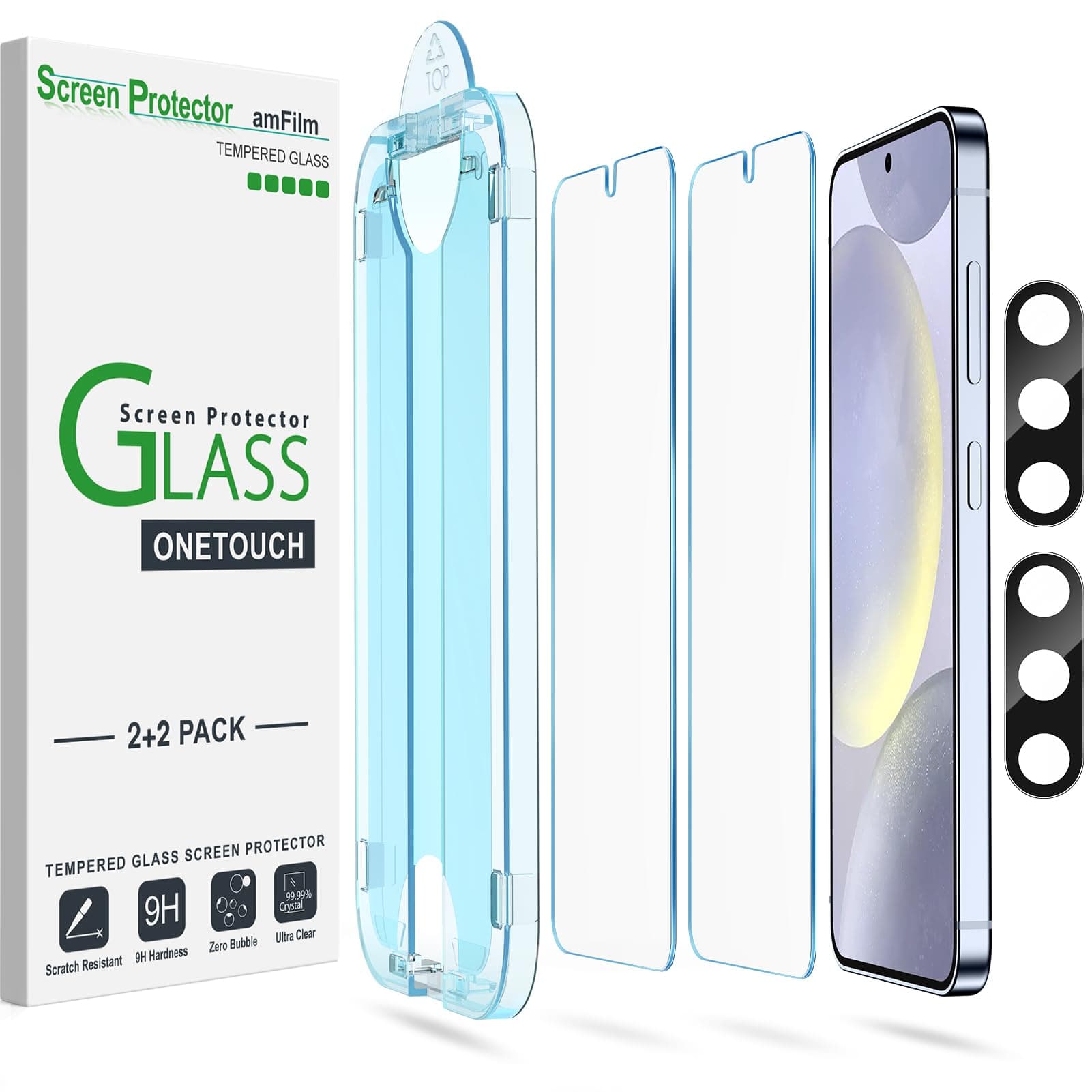 amFilm [2+2 Pack OneTouch Tempered Glass Screen Protector Guard for Samsung Galaxy S24 Plus 6.7 Inch with Camera Lens Protector, 9H Hardness, Easy Installation and Bubble Free.