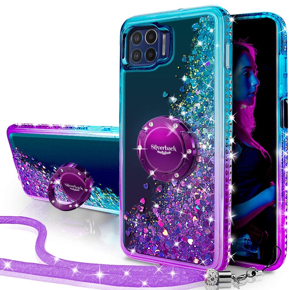 Silverback Moto One 5G Case, Moto G 5G Plus Case, Moto One Lite Case, Moving Liquid Holographic Glitter Case with Kickstand, Bling Ring Stand Slim Motorola Moto One 5G UW Case for Girls Women -Purple