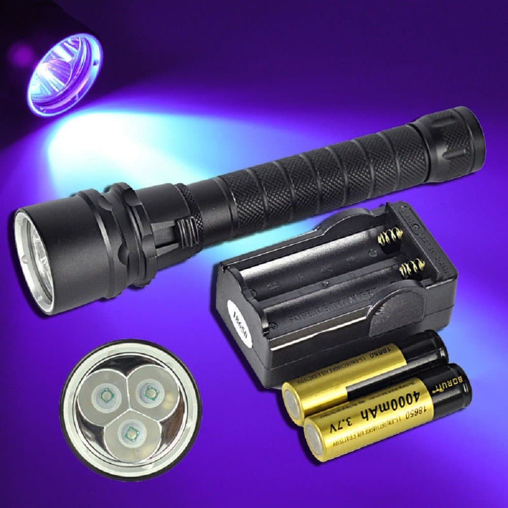 Scuba Diving Flashlight Torch Underwater flashlight UV Purple Light 100M 3pc CREE XP-E LED light,purple light 365nm-395nm UV Purple Light LED Torch 10W 4000 Lumens Waterproof Flashlight + Dual charger + 2pcs 18650 Battery