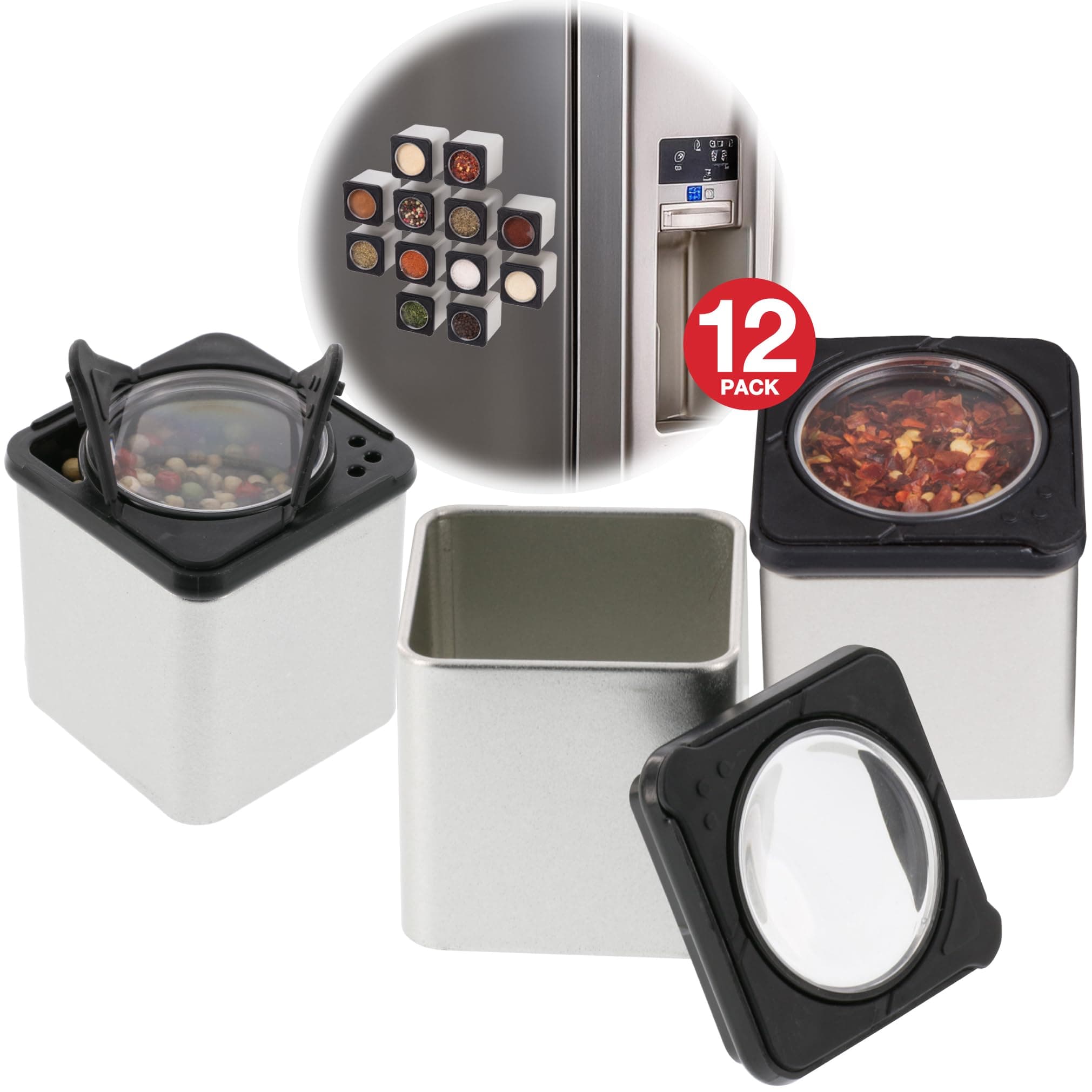 Magnetic Spice Jars- Shake or Pour Containers Attach to Most Refrigerator Doors- Set of 12 Dispensers