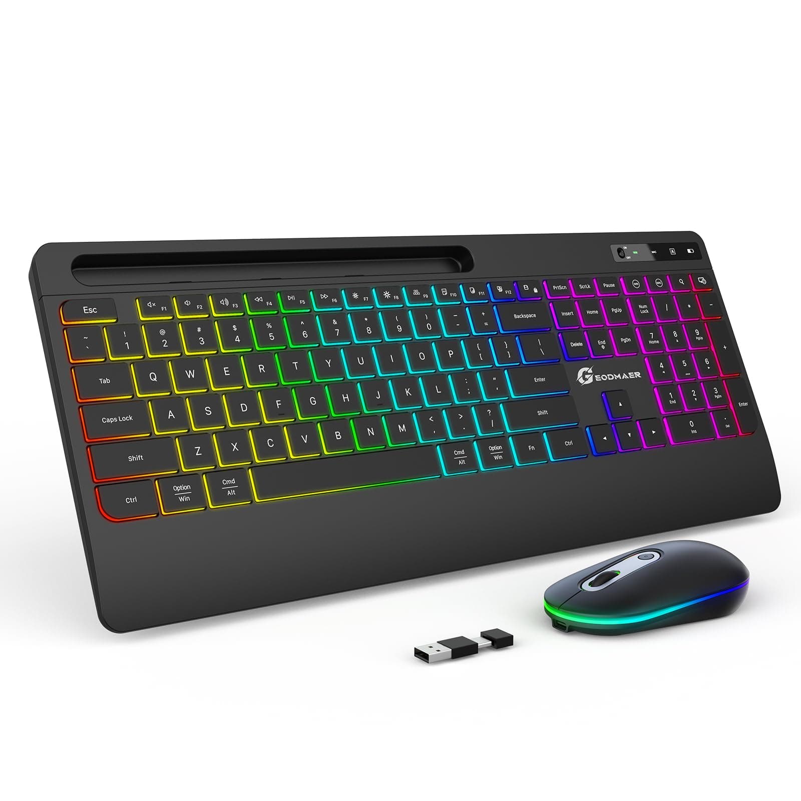 Wireless Keyboard and Mouse Combo with Phone Holder, Wrist Rest, Silent Rechargeable Backlit Full Size Ergonomic Keyboard and Mouse Wireless, Light Up Keyboard and Mouse for PC Mac