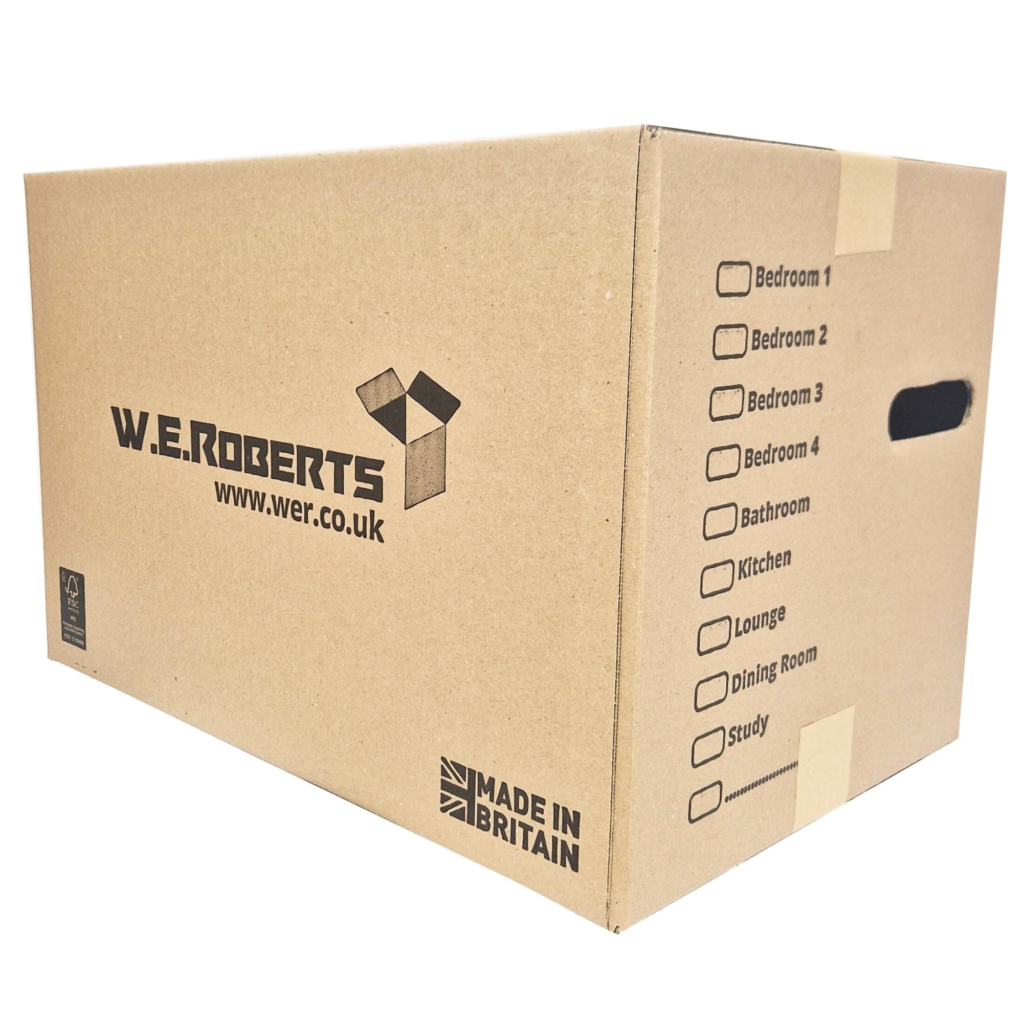 10 Strong Large Cardboard Storage Packing Moving House Boxes with Carry Handles and Room List – Ideal for Storage, Moving, and Packing 18" x 11" x 11" internal. Made in the UK