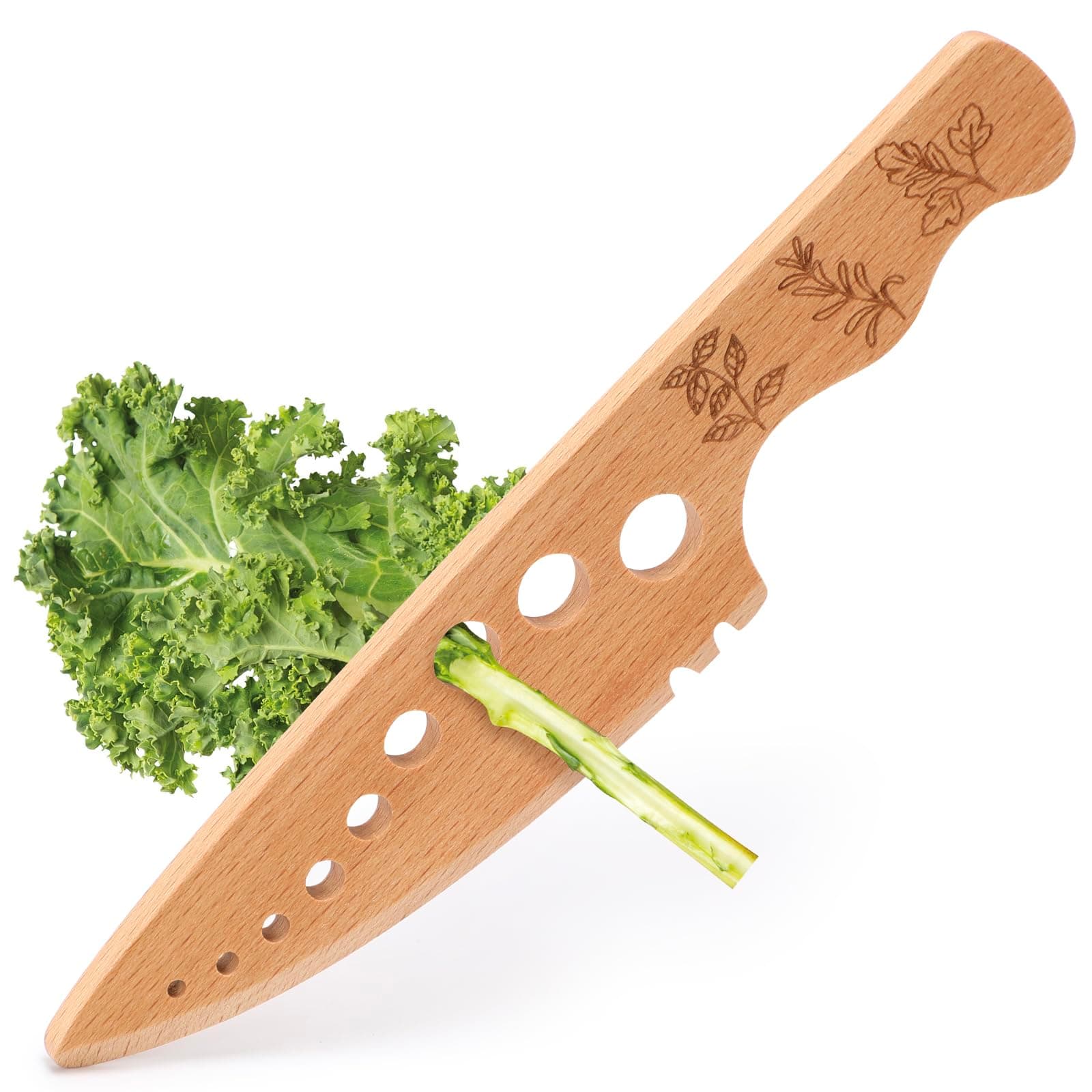 Wooden Herb Stripper Knife Leaves Cutter, Rustic Safe Kitchen Tool for Chopping with Engraved Parsley, Cilantro, Basil, Thyme, Rosemary, Sage Cooking Birthday Christmas Gift for Him Her Mom Housewife
