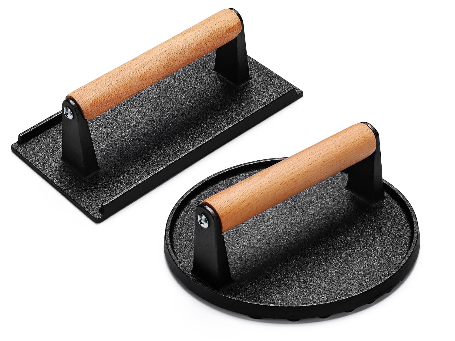 Cast Iron Burger Press, Smash Burger Press for Blackstone Weber, Heavy Duty Round 6.9In & Rectangular 8.2x4.2In Grill Press With Wood Handle, Perfect for Teppanyaki Flat Top Griddle Grill Cooking