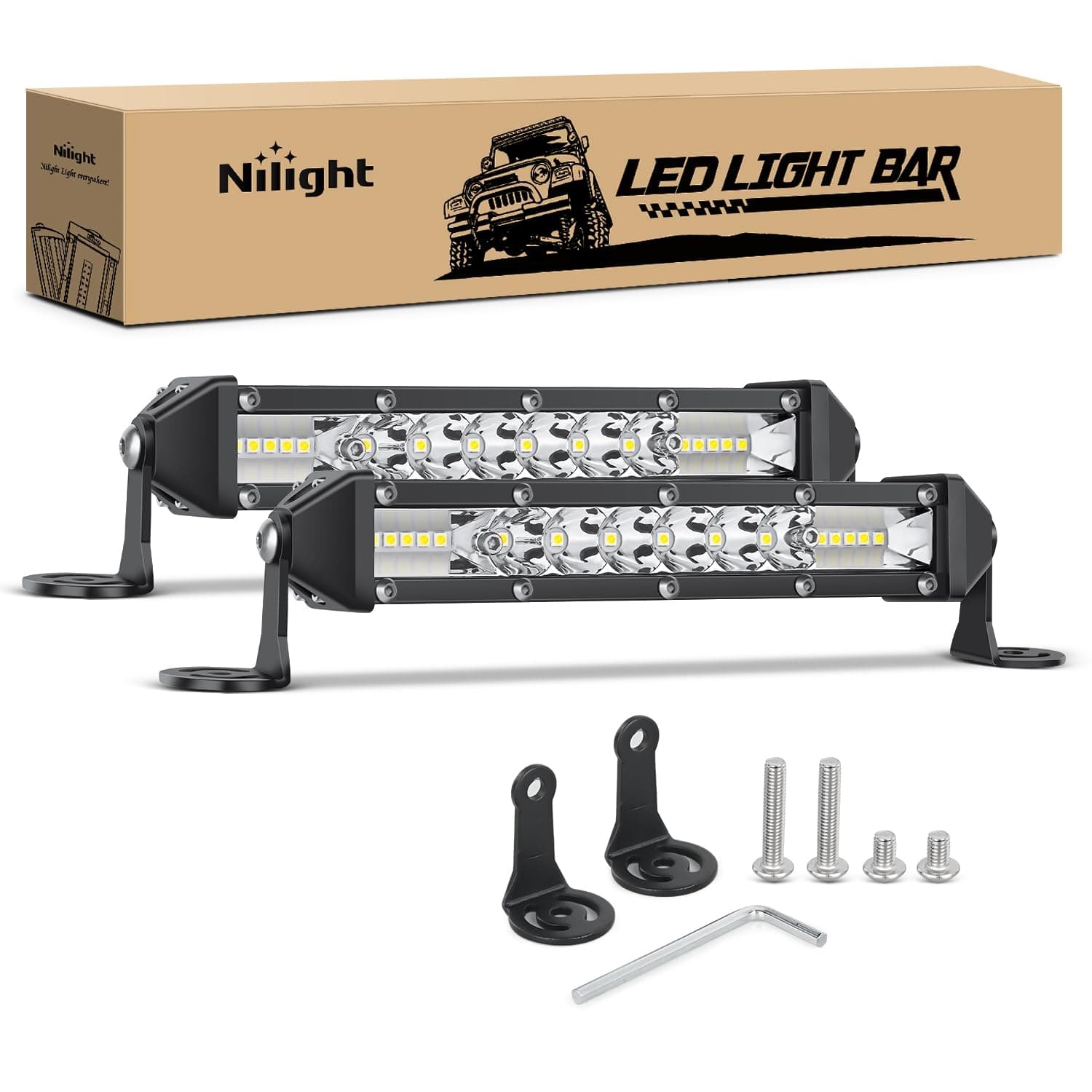 Nilight 7 Inch 16LED 2Pcs Slim LED Light Bar Combo Spot Flood Fog Driving Work Roof Bumper Lamp Offroad Light for 4x4 Trucks SUV ATV UTV