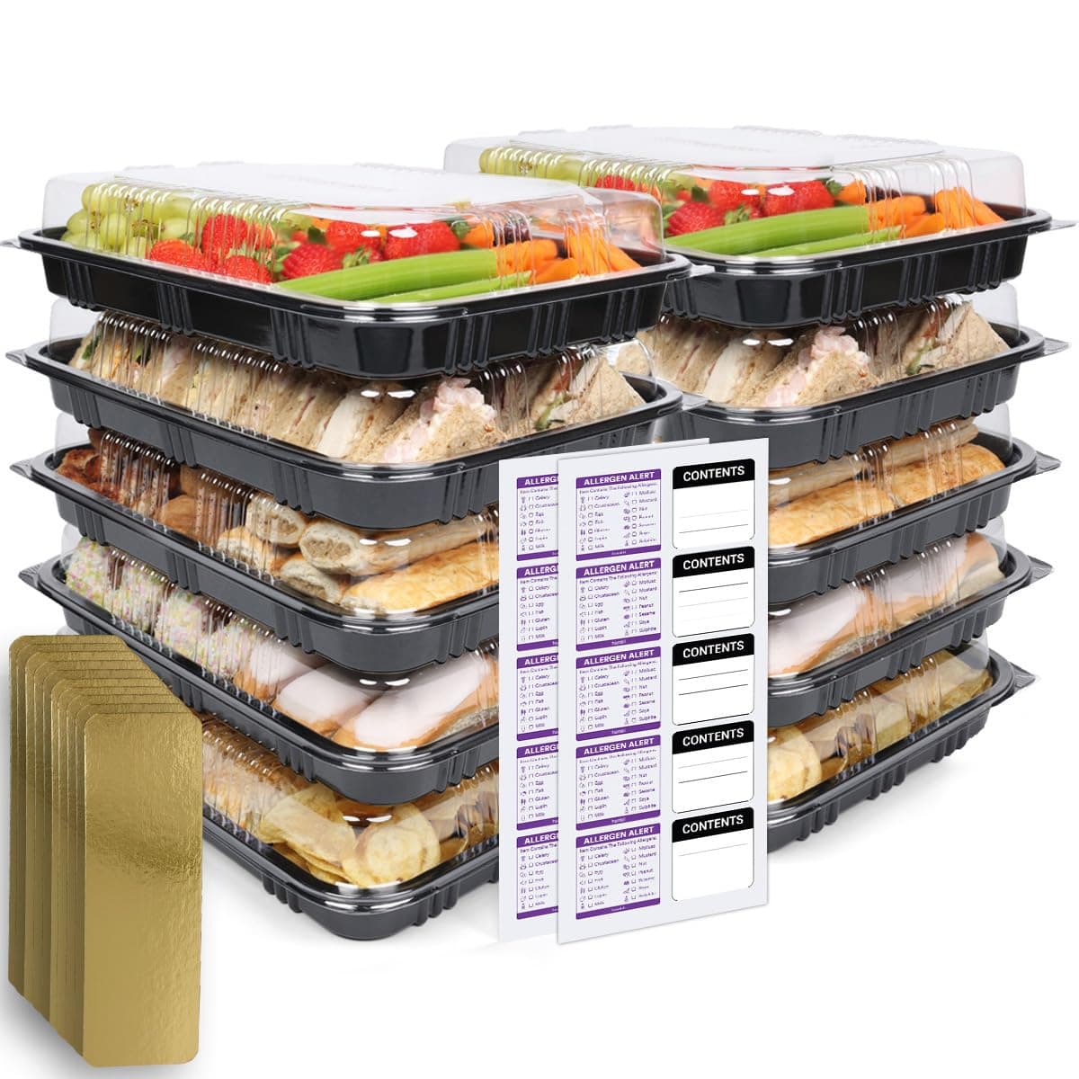 Food Sandwich Platter Trays with Lids - Reusable Multi Pack Plastic Catering Containers Serving for Party Buffet - Sushi, Cake, Sweets, Cheese, Pizza, Movie Meal Prep 33.5 x 24 x 7cm (10)