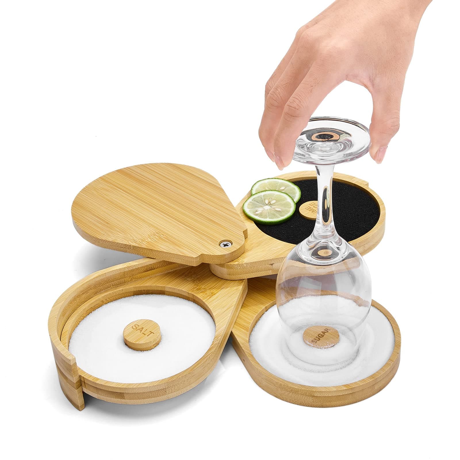 TonJin Margarita Salt Rimmer Set,1 Pack 3 Tier Bar Glass Rimmer Bamboo Wood Sugar Salt Box with Sponge,Bartender Tool for Cocktail and Margarita