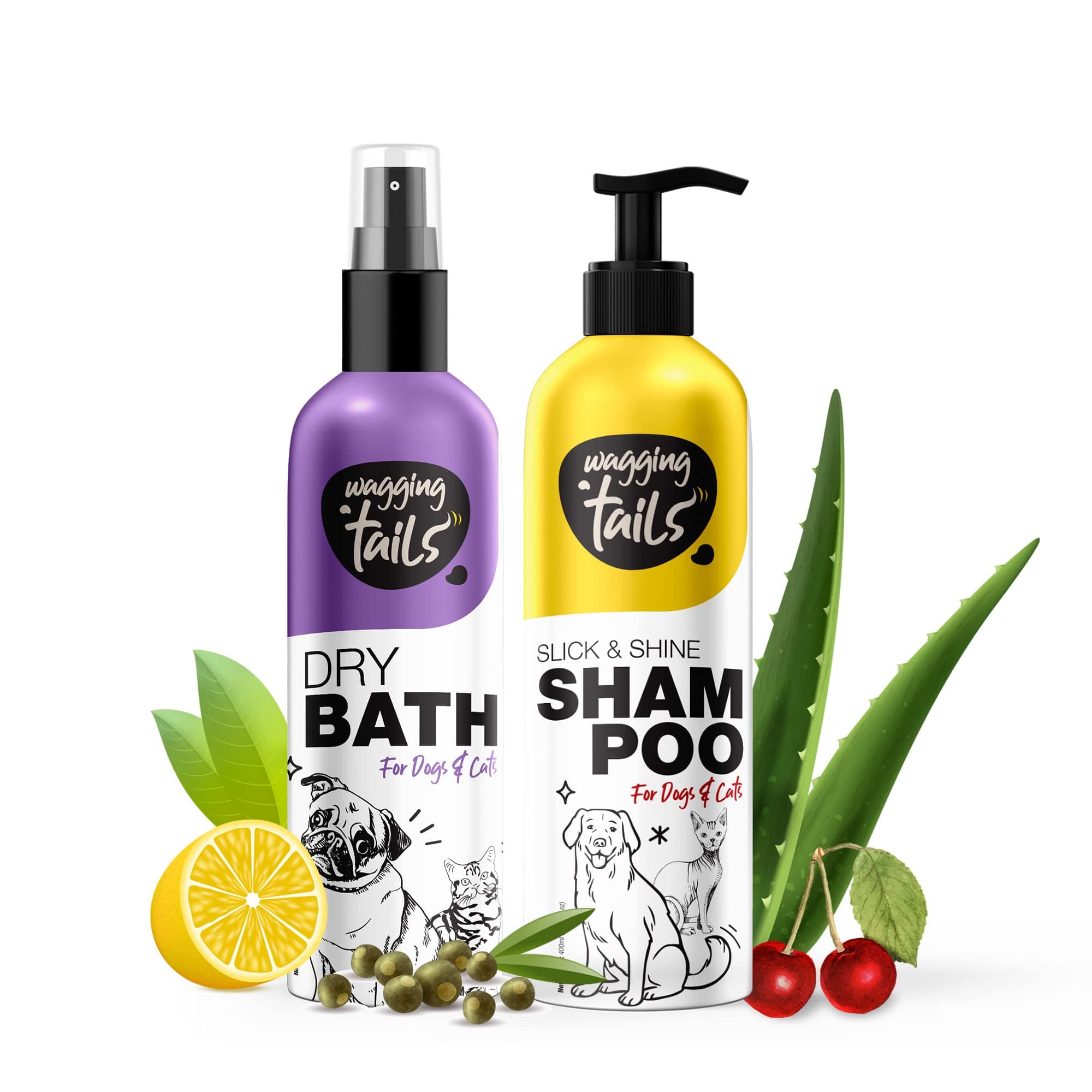 Wagging Tails 2 in 1 Bathing Combo for Pets| Slick & Shine Pet Shampoo 200ml + Dry Bath Waterless Shampoo 200ml |with Deep Cleansing for Grooming and Bathing |Easy to Use When Travelling with Pet