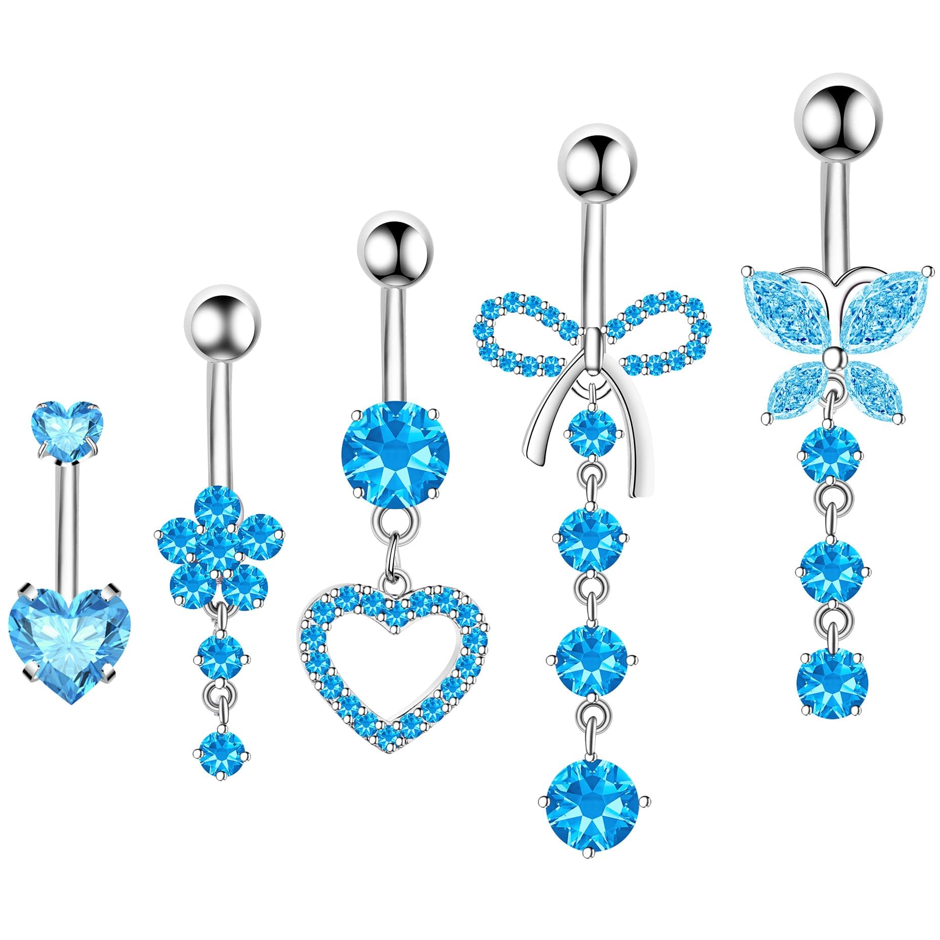 Belly Ring Dangle Belly Button Ring Jewelry Cute Pink Cubic Zirconia Heart Butterfly Bow Flower Belly Button Piercing for Women 14g Silver Stainless Steel Petite