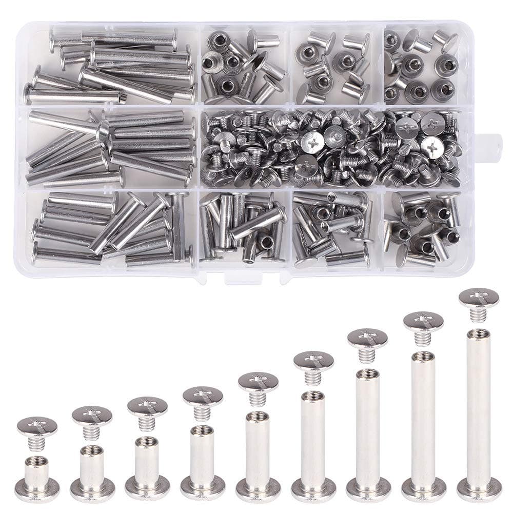 Chicago Binding Screws Assorted Kit,90 Sets 304 Stainless Steel Phillips Chicago Screw Binding Post Screw Kit for DIY Leather Decoration Scrapbook Photo Albums Bookbinding(9 Sizes)