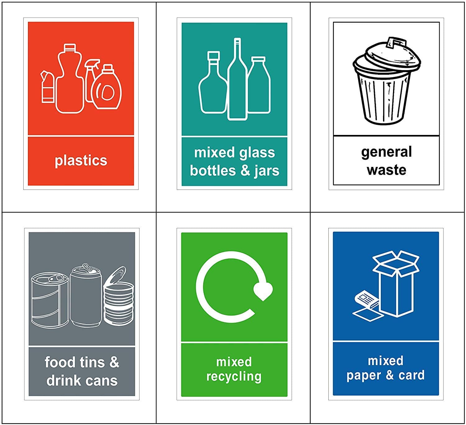 Mixed Pack of 6 Multi Recycling Stickers for Bin (A6-100 x 150mm) Waterproof Recycling Bin Stickers Waste Bins, Food, Plastics, Mixed Paper and Card, Glass and General Waste Sara Prints®