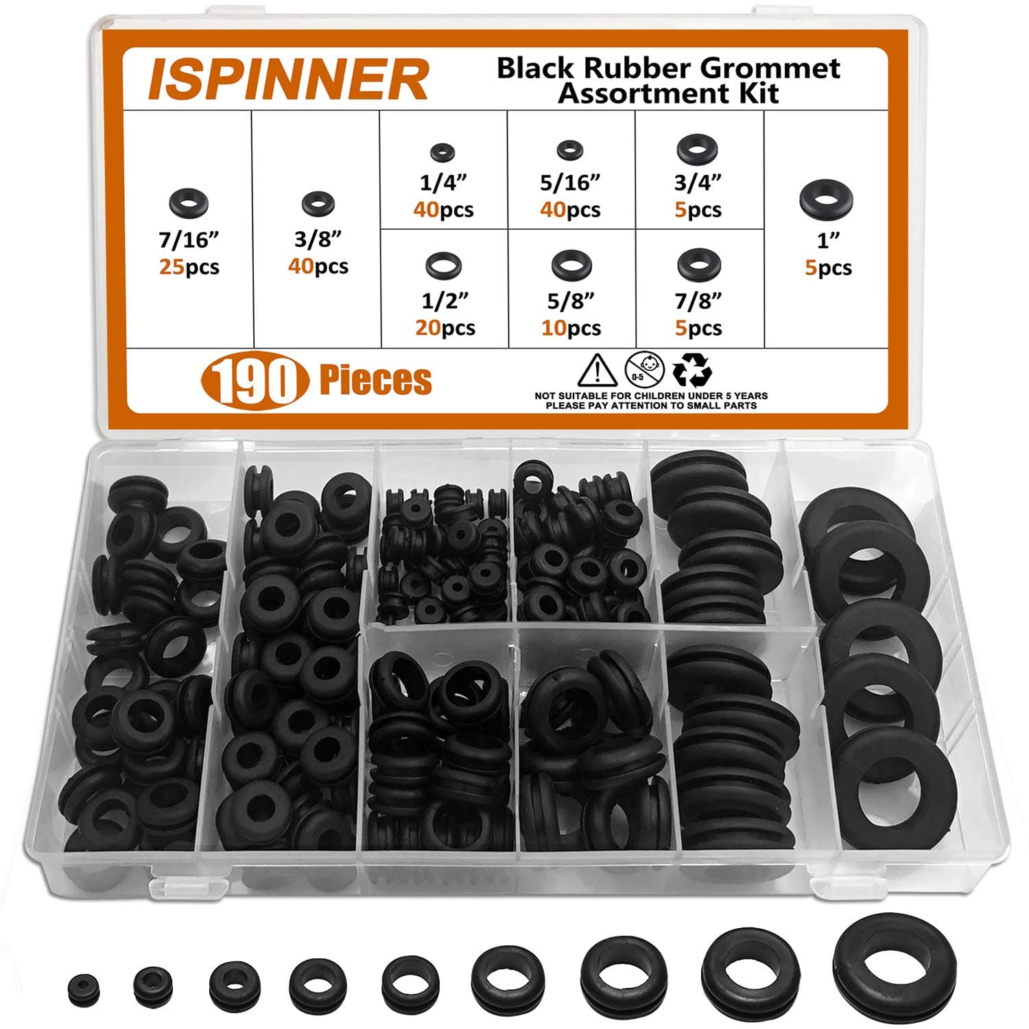 ISPINNER 190pcs Rubber Grommet Assortment Kit, 9 Sizes Eyelet Ring Gasket 1/4" 5/16" 3/8" 7/16" 1/2" 5/8" 3/4" 7/8" 1" (Black)
