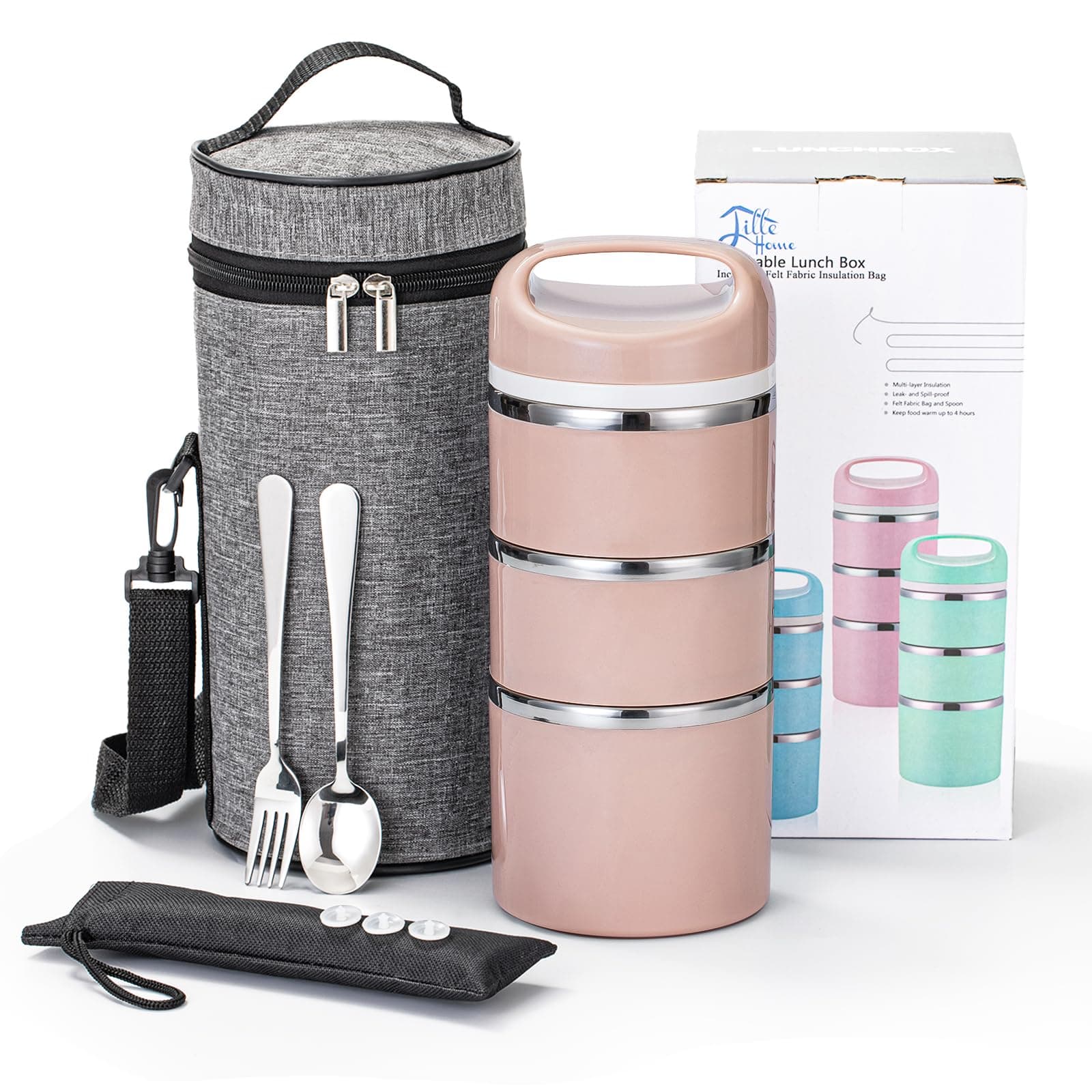 Stackable Stainless Steel Thermal Compartment Lunch/Snack Box, 3-Tier Insulated Bento/Food Container with Lunch Bag, Utensils Set and Three Extra Seals, 43OZ (Gold)