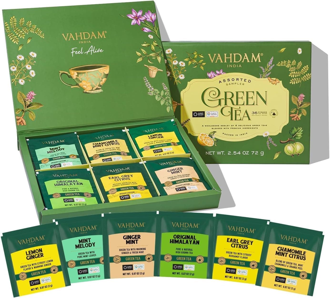 - Green Tea Variety Pack Sampler Assortment (36 Pyramid Tea Bags, 6 Flavor) | Non-GMO Project Verified Himalayan Green Tea with No Artificial Ingredients | Gifts for Women & Men