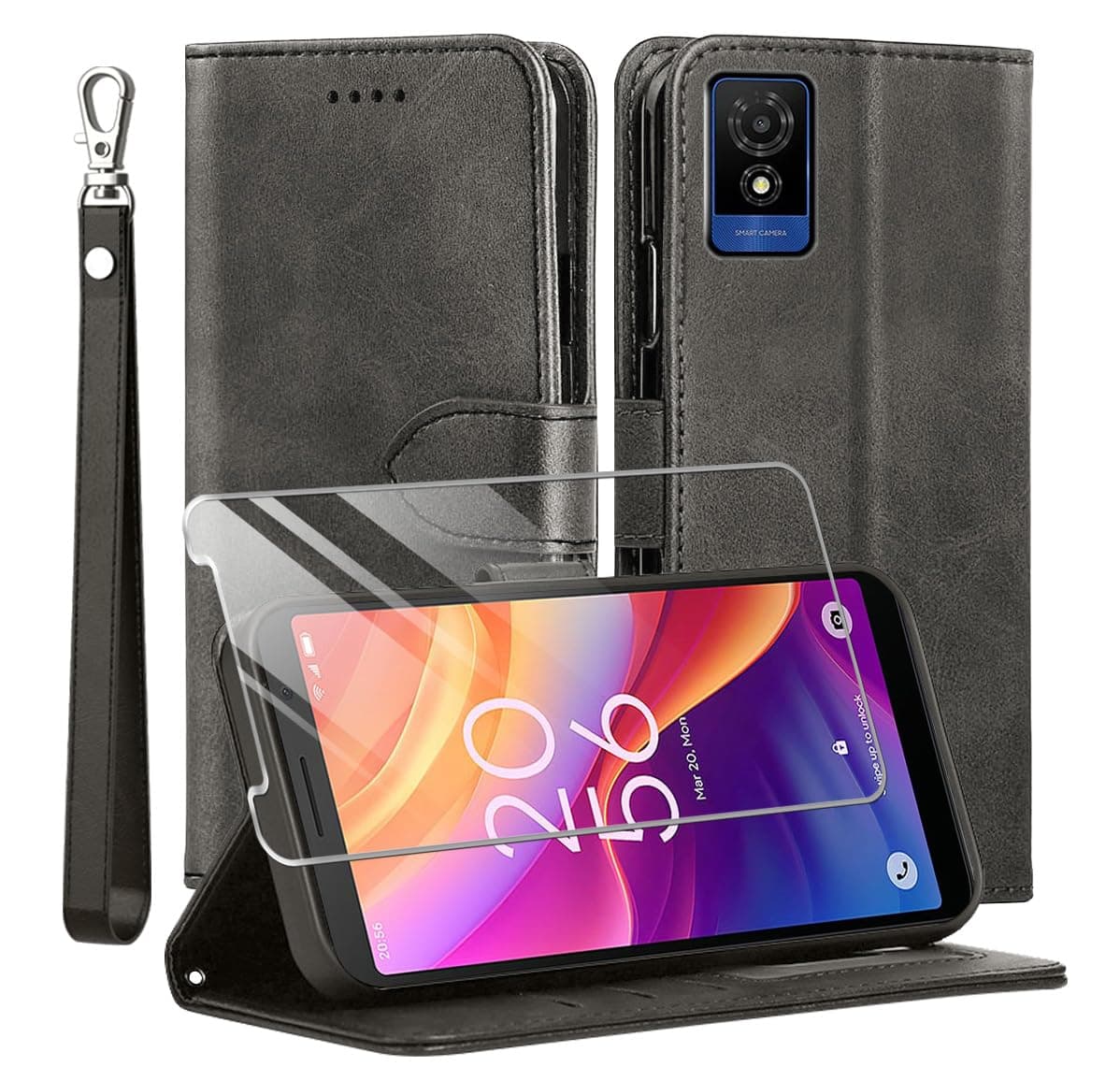 Case for TCL 501 4G with Screen Protector, Flip Magnetic PU Leather Case, TPU Book Flip Case, Card Slot Stand Cover, Magnetic Closure, Black.