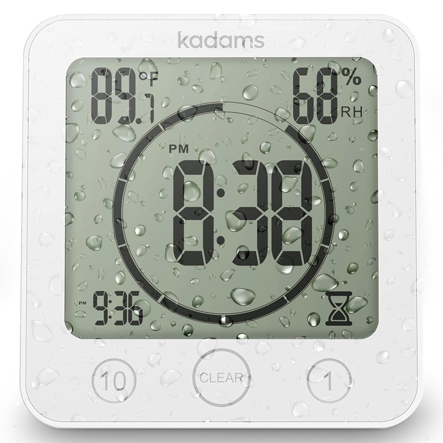 KADAMS Digital Bathroom Shower Kitchen Clock Timer with Alarm, Waterproof for Water Splashes, Visual Countdown Timer, Time Management Tool, Indoor Temperature Humidity, Suction Cup, Hole Stand - White
