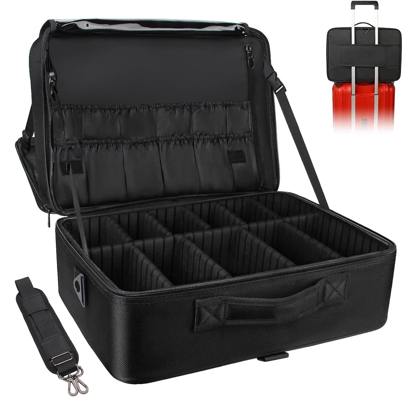Professional Makeup Train Case Cosmetic Organizer Makeup Artist Box 2 Layers Large Size with Adjustable Shoulder Makeup Brush Set Hairstyle Nail Beauty Tools, Super Large Black, super large black