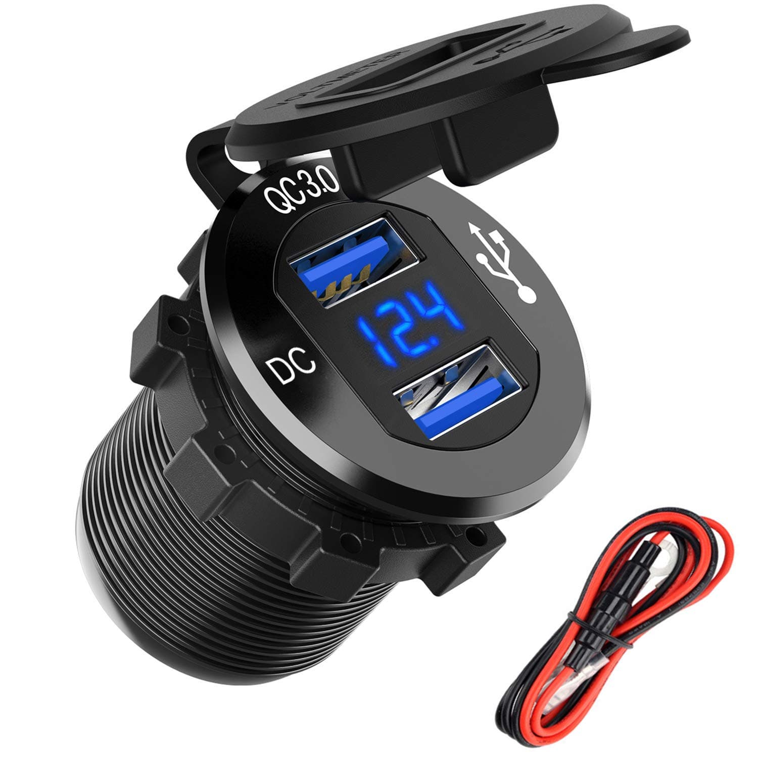 12V USB Outlet, QC3.0 Dual USB Fast Charger Socket with LED Voltmeter, 12V/24V 36W USB Cigarette Lighter Replacement, Waterproof Aluminum Car Charger Adapter DIY Kit for Car Marine Truck Golf Cart RV
