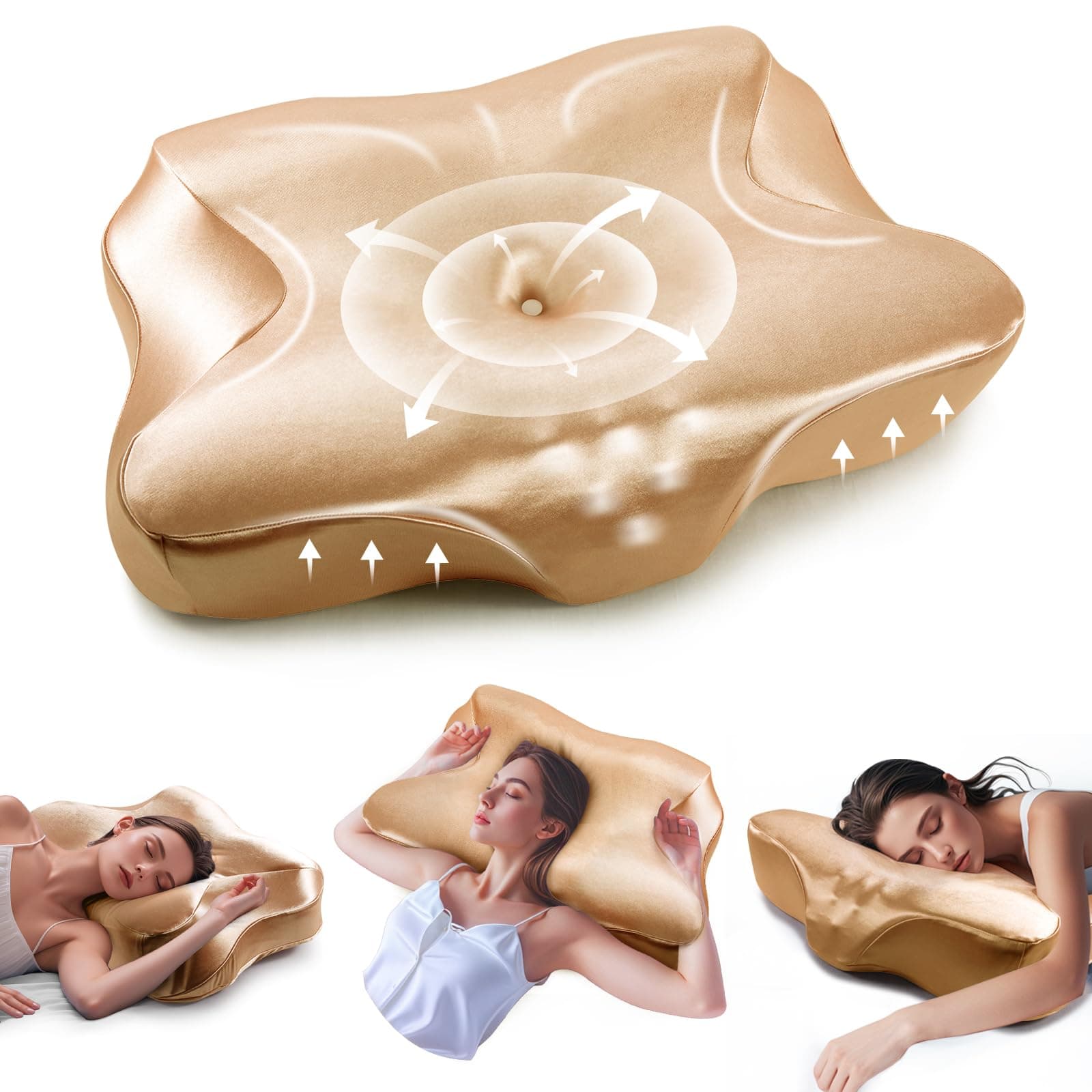 Pain Relief Cooling Pillow for Neck Support Adjustable Cervical Pillow Side Sleeping Memory Foam with Super Soft and Cooling Satin Pillowcase Gold