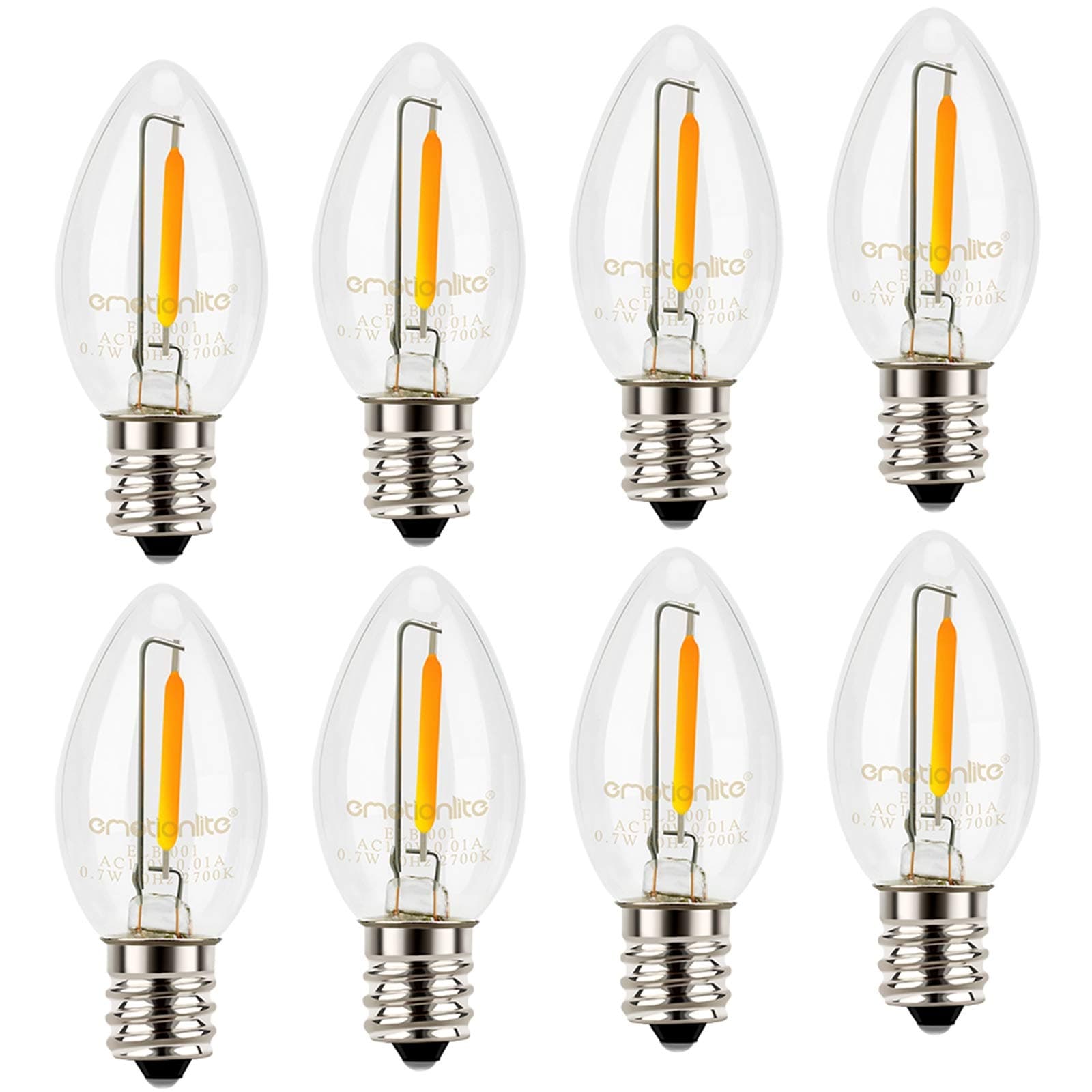 Emotionlite Night Light Bulbs, C7 Candelabra Bulb, LED Light Bulbs with E12 Chandelier Base, 0.5 Watt (4W 5W 6W 7W Incandescent Equivalent), 50LM, Warm White, 2700K, Clear, 8 Pack