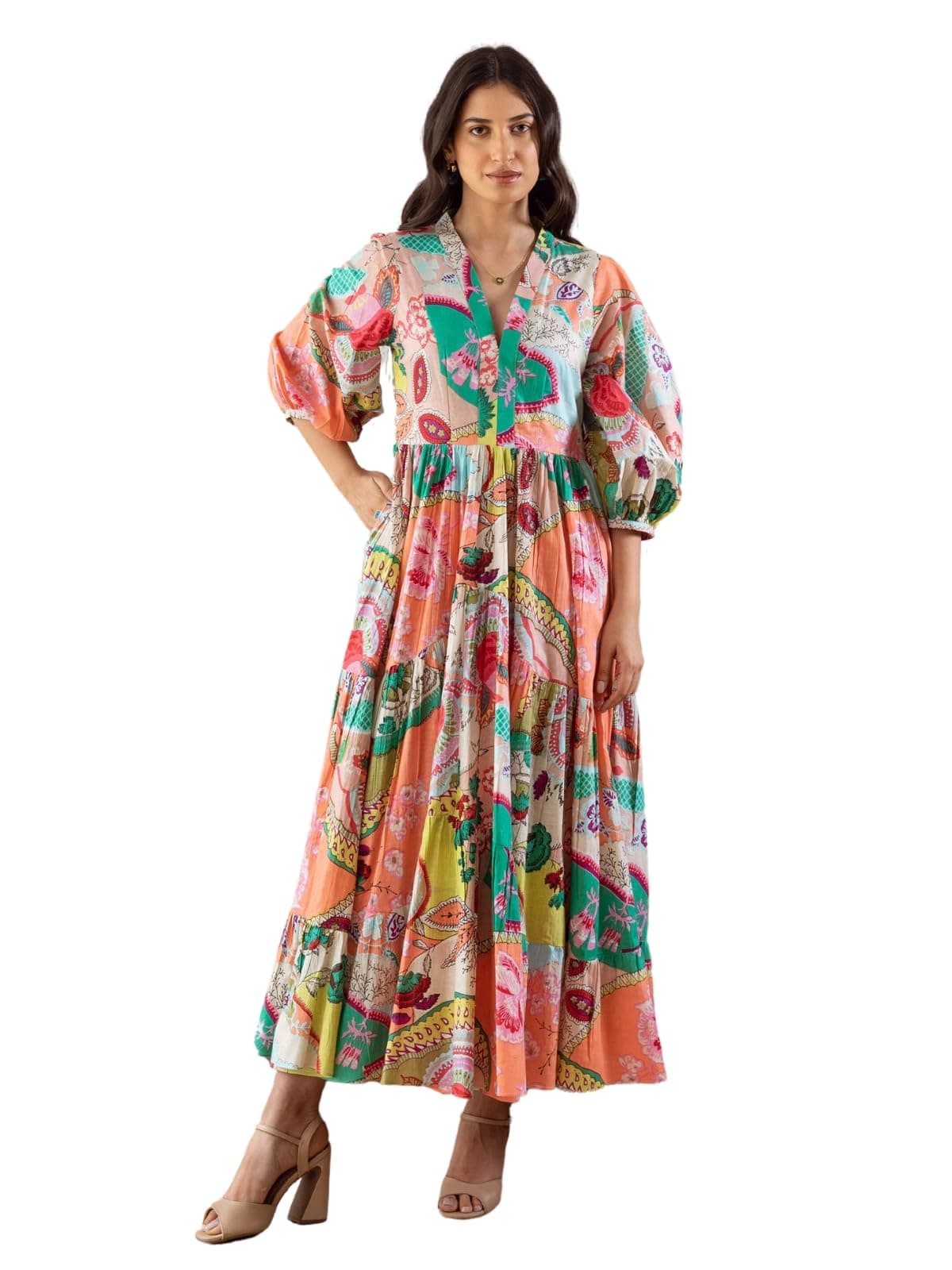 Women's Printed Boho Maxi Dress | Long Flared Style with Full or Puff Sleeves | Ethnic Pattern Gown for Festive, Holiday & Everyday Wear