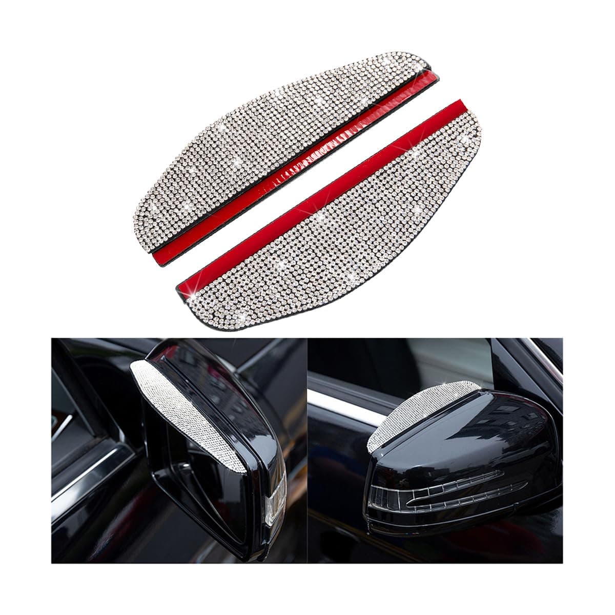 2PCS Car Rearview Mirror Rain Eyebrows, Bling Crystal Rain Visor Guard, PVC Waterproof Auto Mirror Visor Smoke Shade Cover, Automotive Exterior Accessories Decor (White)