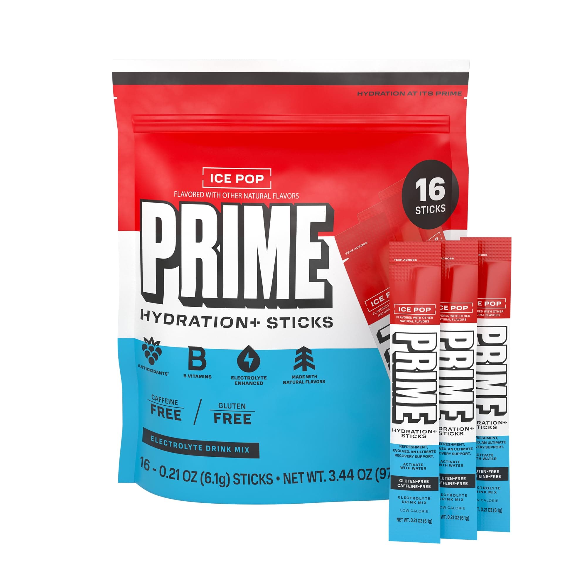 PRIME HYDRATION+ Sticks ICE POP | Hydration Powder Single Serve Sticks | Electrolyte Powder On The Go | Low Sugar | Caffeine-Free | Vegan | 16 Sticks