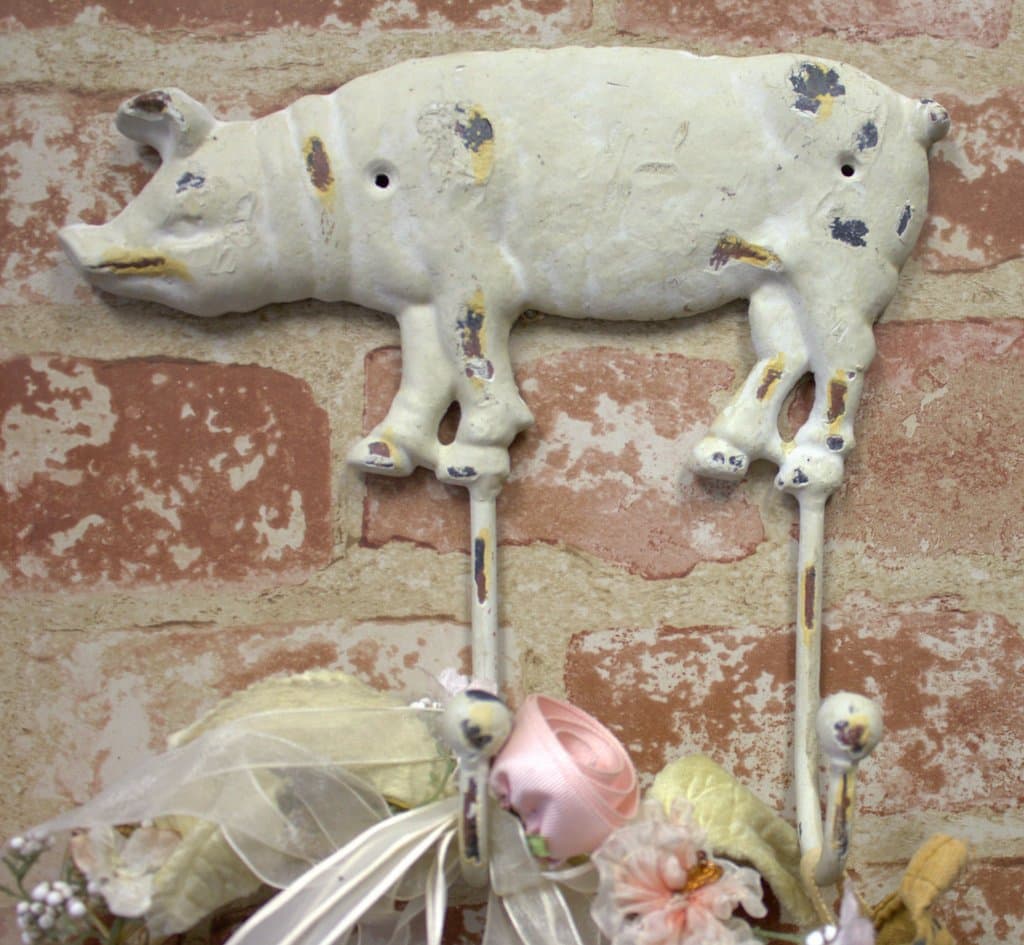 Large Iron Pig Hog Wall Hook ~ Vintage Distressed White Double Coat Hanger
