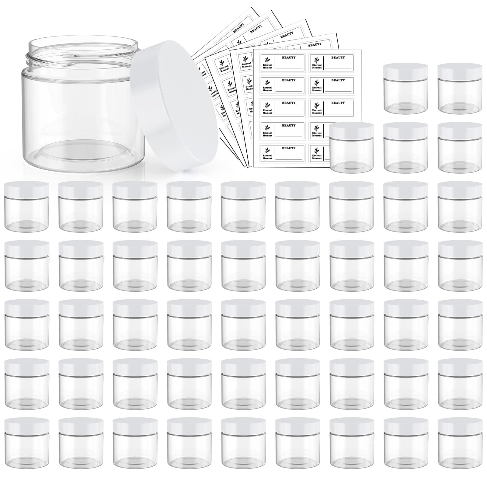 50 Pack 2 OZ Plastic Jars Round Clear Cosmetic Container Jar with White Lids, Eternal Moment Plastic Slime Jars for Lotion, Cream, Ointments, Makeup, Eye shadow, Rhinestone, Samples, Travel Storage