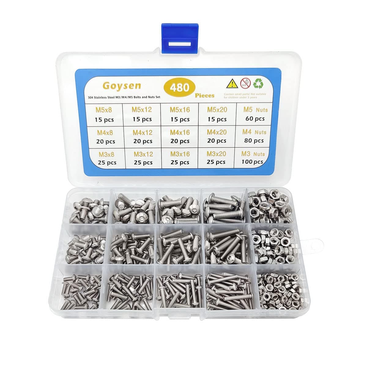 Shayee 480 Pcs Bolts and Nuts Assorted Set, 304 Stainless Steel Hex Bolts Set M3 M4 M5 Head Cap Screws Bolts and Nuts Kit, One Size