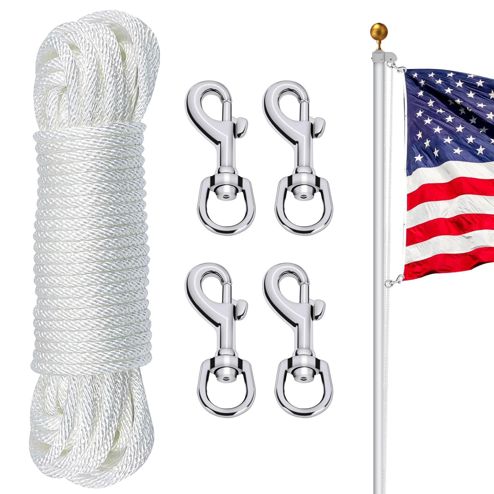 NQ Flag Pole Rope Line Kit-50FT x 1/4"Diameter Nylon Flag Pole Halyard Rope with 4 Pcs Swivel Snap Clips Hooks Fits Flagpole Up to 25FT, Outdoor Flagpole Camping Pet Tent Hardware Accessories (White)