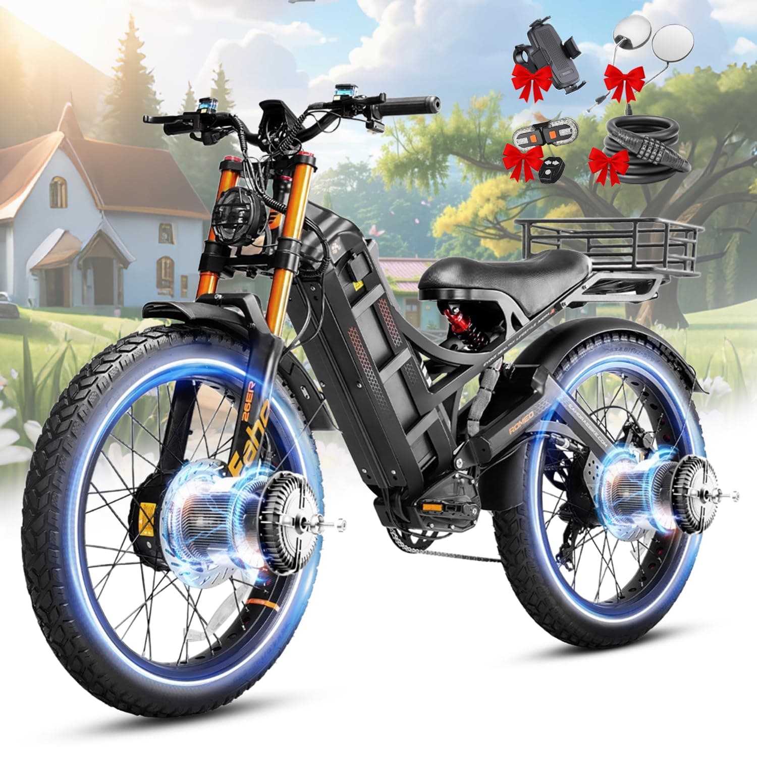 Eahora Romeo Pro Ⅲ/Ⅱ Ebike - Dual Motor 46-50MPH 5600W/4000W 60V 80Ah 200Miles Electric Bike for Adults, Long Range Electric Mountain Bike 26" Fat Tire Air Full Suspension E-Bike
