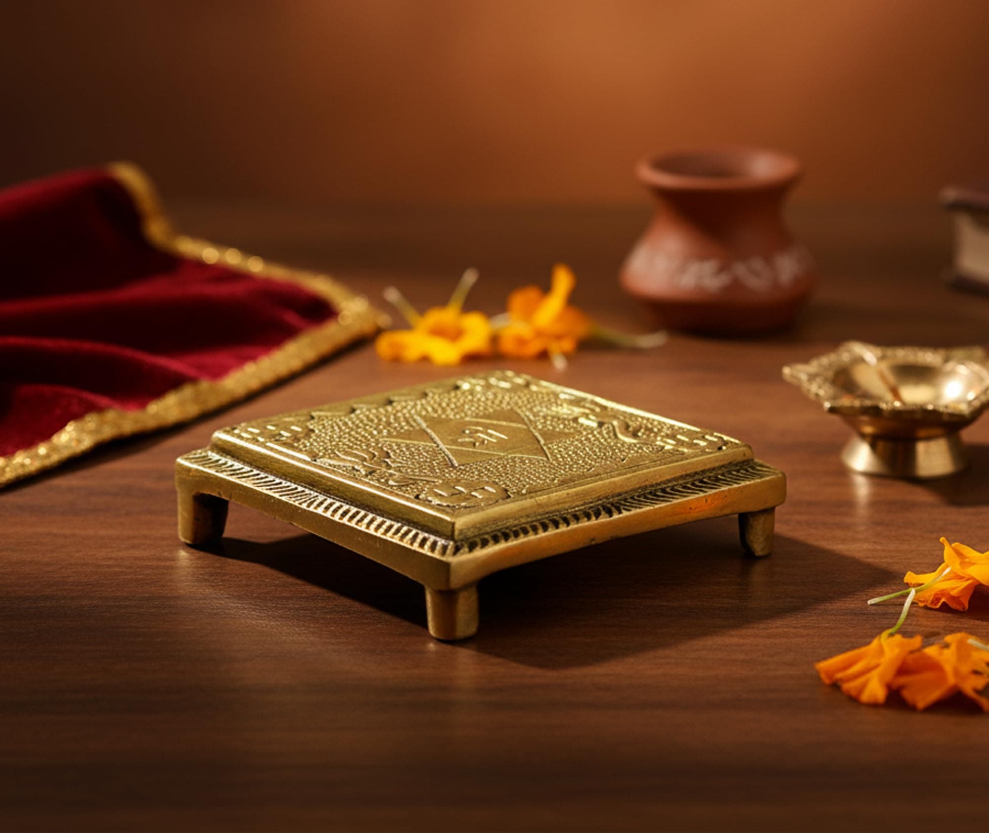 ESPLANADE Brass Pooja Mandir Chowki God'S Stool Puja Articles 2.6" (Very Small) Large Gold