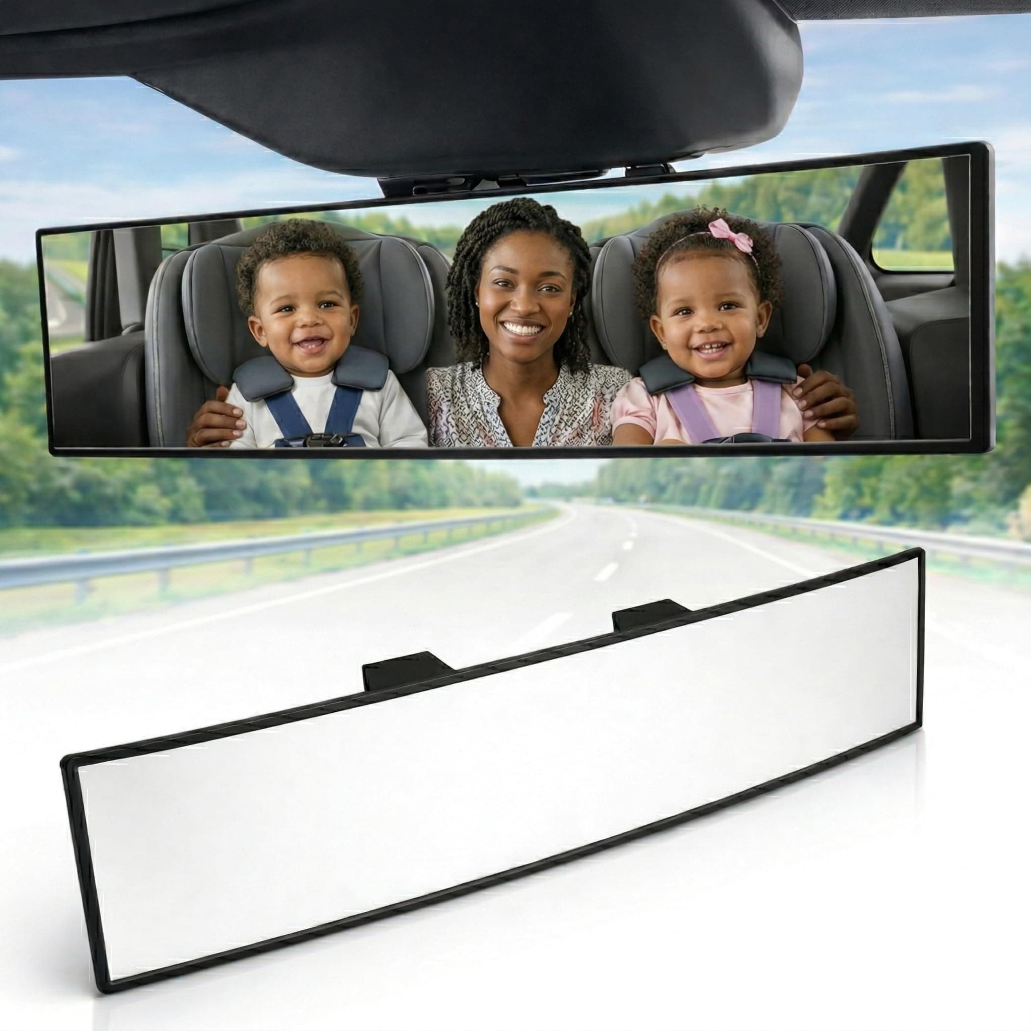 9.4" ICBEAMER Clip On Rear View Mirror | Flat Clear Tint, Panoramic Wide Angle HD Glass, Anti Glare, Universal Fit for Car, SUV, Truck | Eliminates Blind Spots (1 Pack)