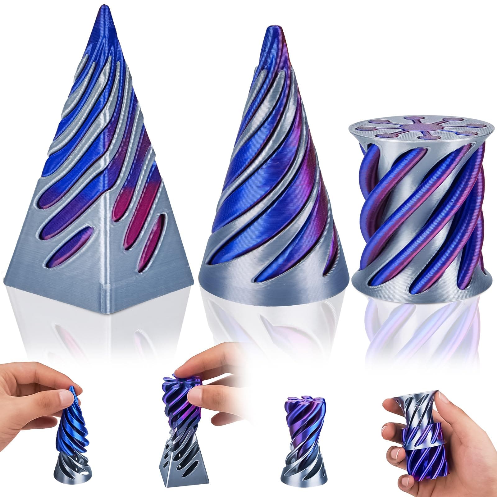 3Pcs Impossible Cone Fidget Toys, 3D Printed Spiral Cone Fidget Toy, Impossible Pyramid Passthrough Sculpture Fidget Toys for Kids and Adults, Desk Toys for Stress, Random Stuff Gifts
