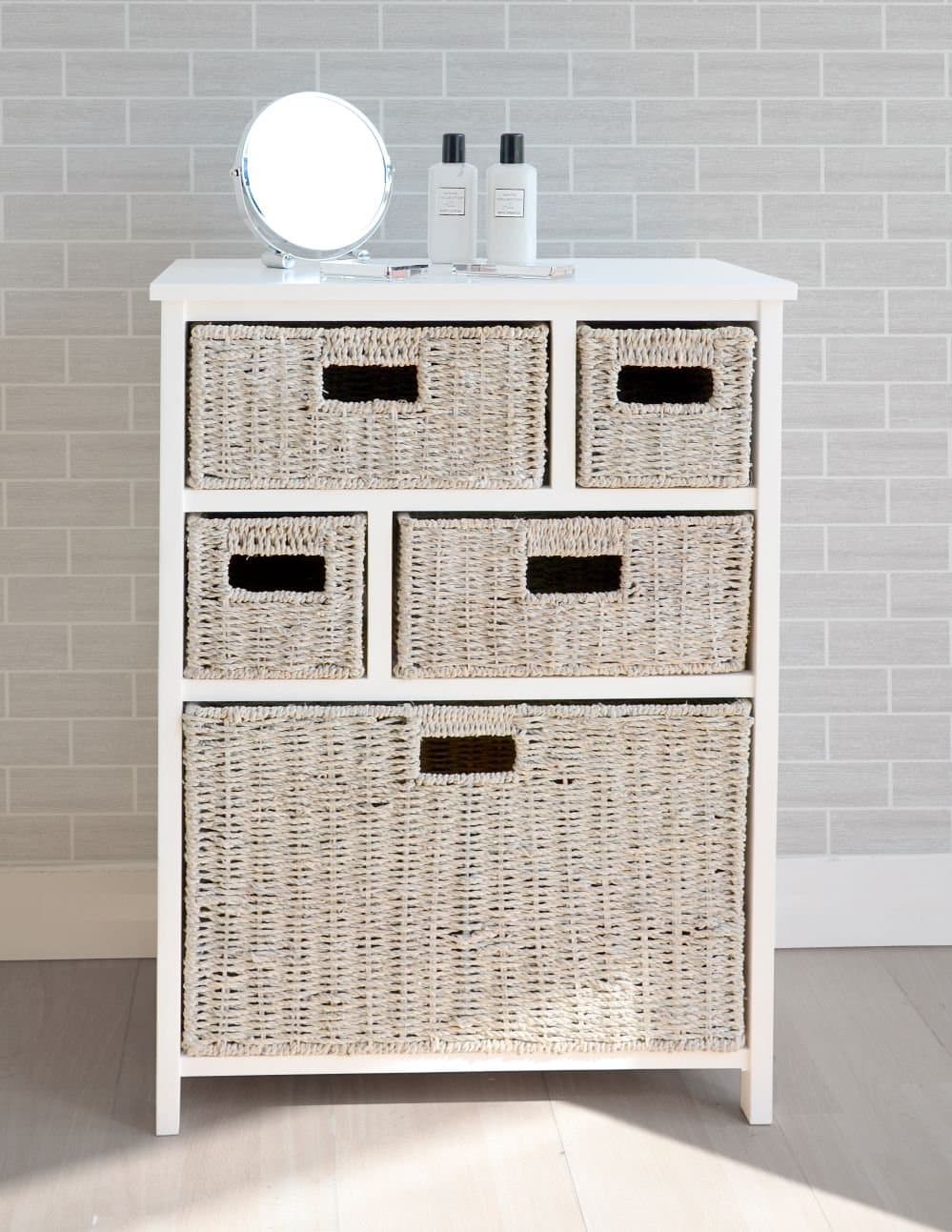 Tetbury White Storage Unit with 5 Whitewash Basket Drawers, FULLY ASSEMBLED hallway, bathroom storage unit