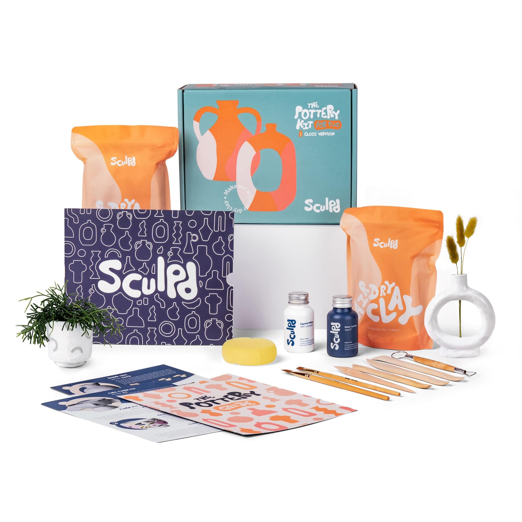 Sculpd - The Original Pottery Kit - Complete Air Dry Clay Kit for Adults Includes Sculpting Tools, Varnish, Paint Brushes, Guides, Arts & Crafts Sets, Gloss Varnish