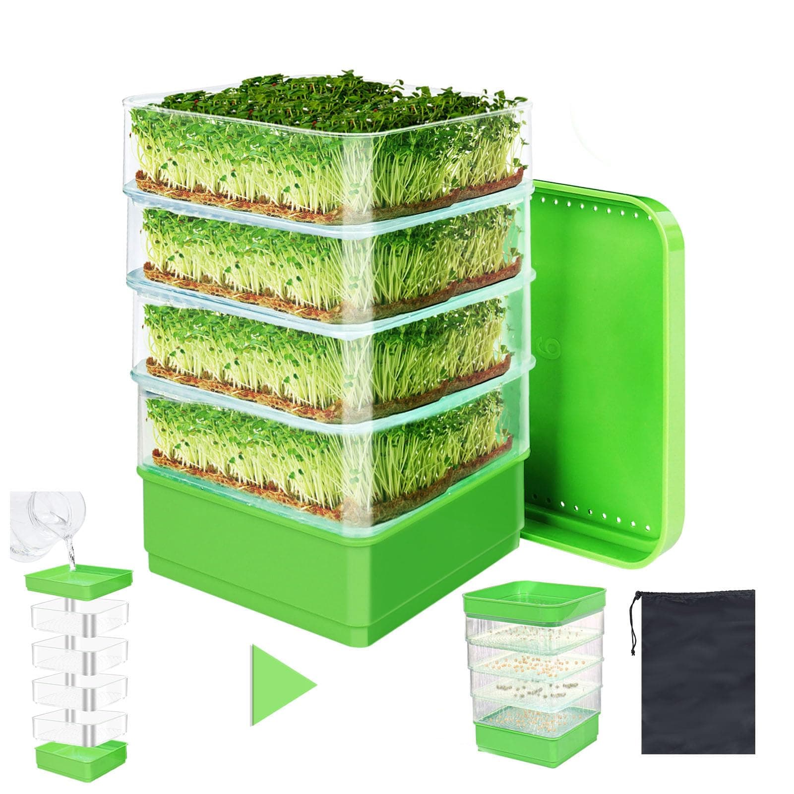 6-Tier Seed Sprouting Kit with Drain Holes, Green, Modern Style, Tabletop, Both Indoor & Outdoor, Vegetable, Solid, Rectangular, Drainage Holes, Ventilation, Stackable