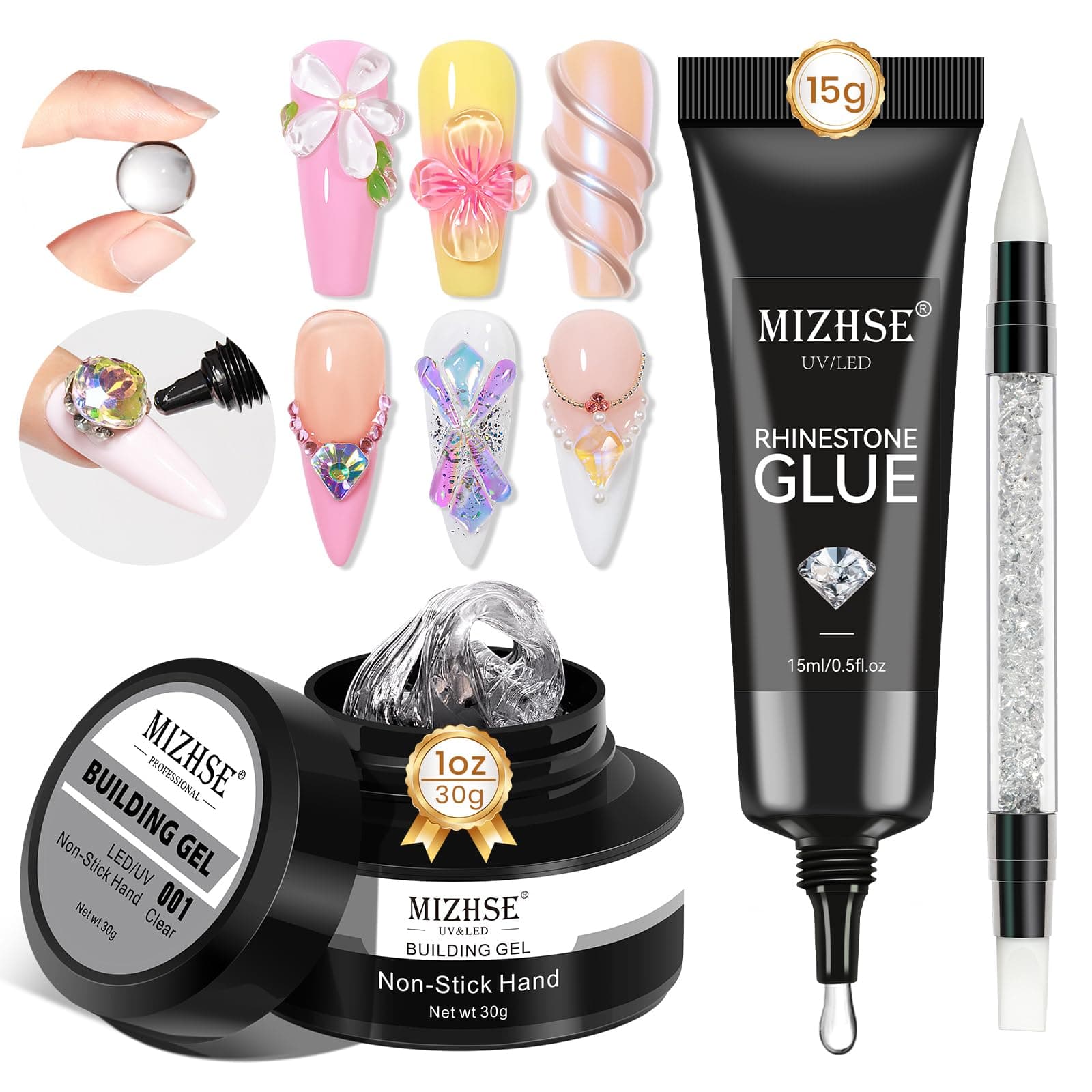 MIZHSE 30g Solid Builder Gel For Nails and 15g Rhinestone Glue for Nails, Clear Nail Builder Gel Hard Gel for Nails 3D Nail Sculpting Gel Non-Sticky U V LED Nail Charm Glue Nail Art Salon Home DIY