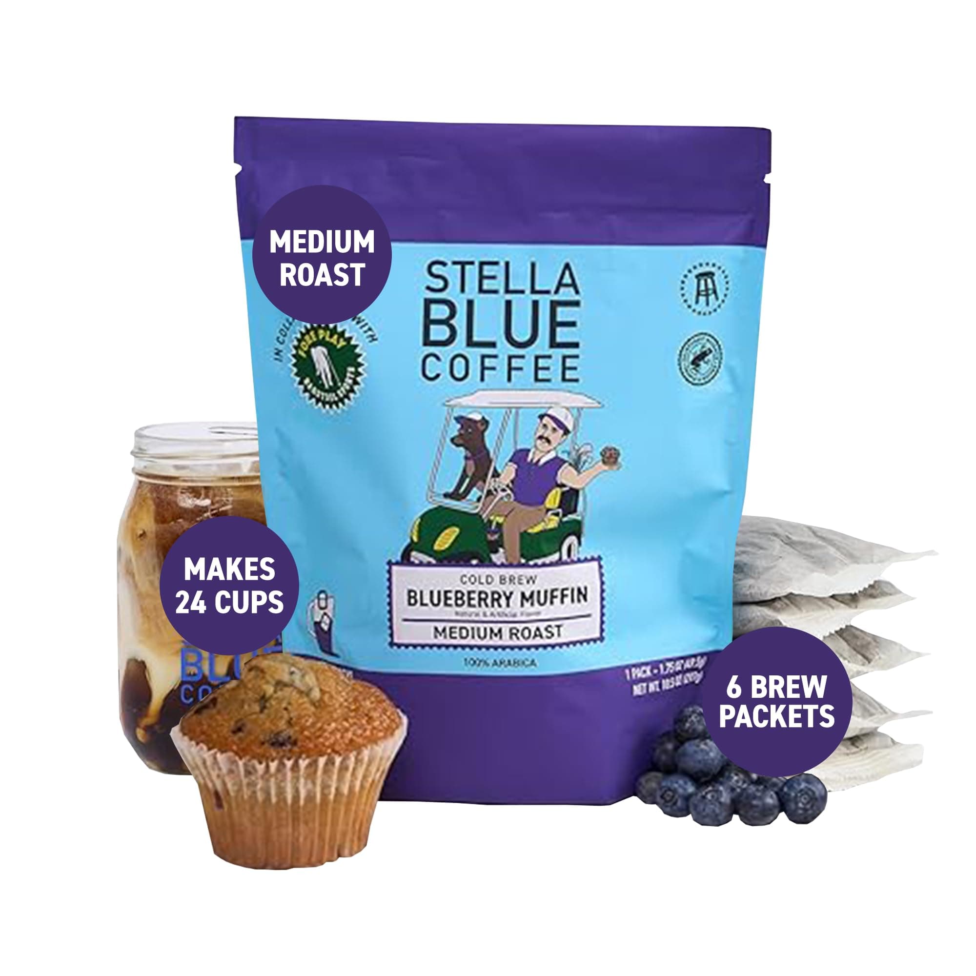 Stella Blue Cold Brew Coffee Packets, Blueberry Muffin, Medium Roast Ground Coffee, Blueberry, Warm Cinnamon and Brown Sugar Notes, 100% Arabica, 6 Brew Packets, Makes 24 Bold Cups
