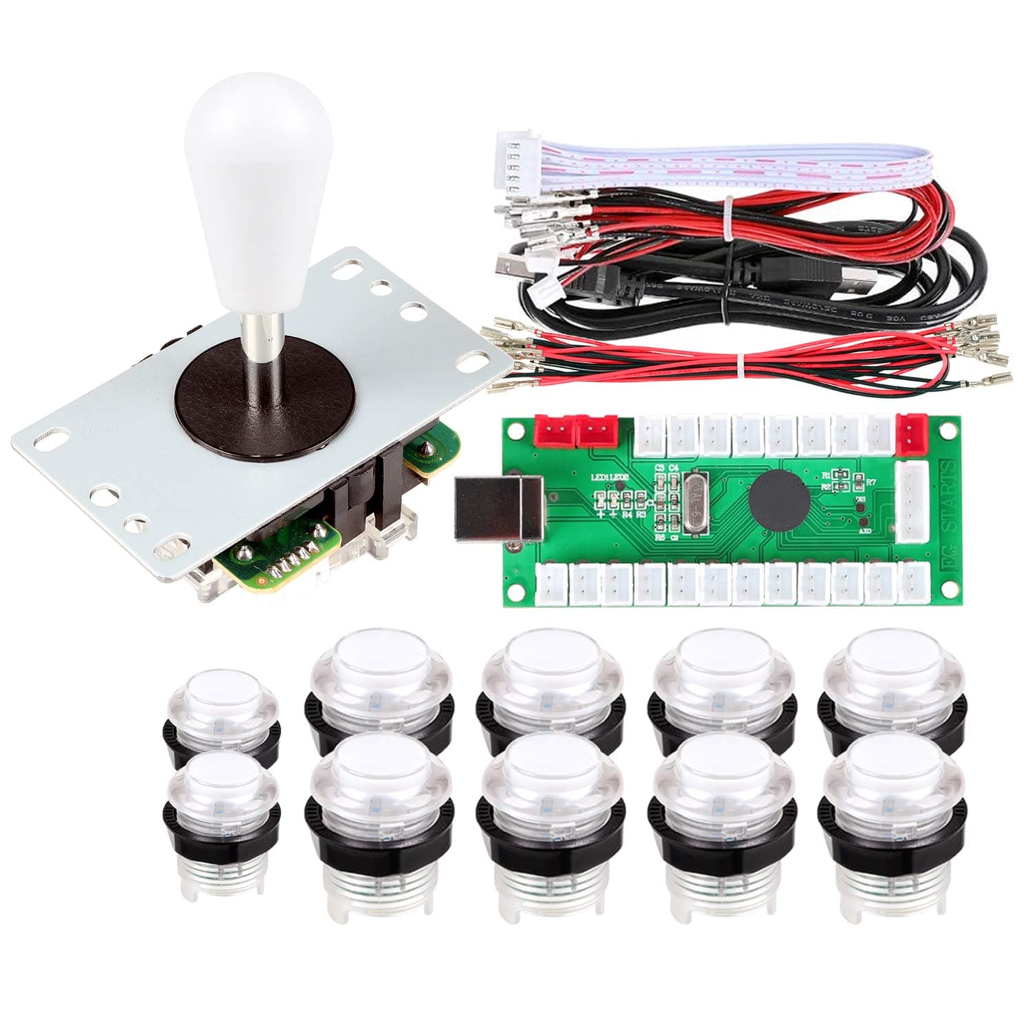 1 Player Arcade Buttons Joystick DIY Kit Parts Include 1x Ellipse Balltop Handle Stick 10x LED Arcade Button 1x USB Encoder Controller for PC MAME Raspberry Pi Windows (White)