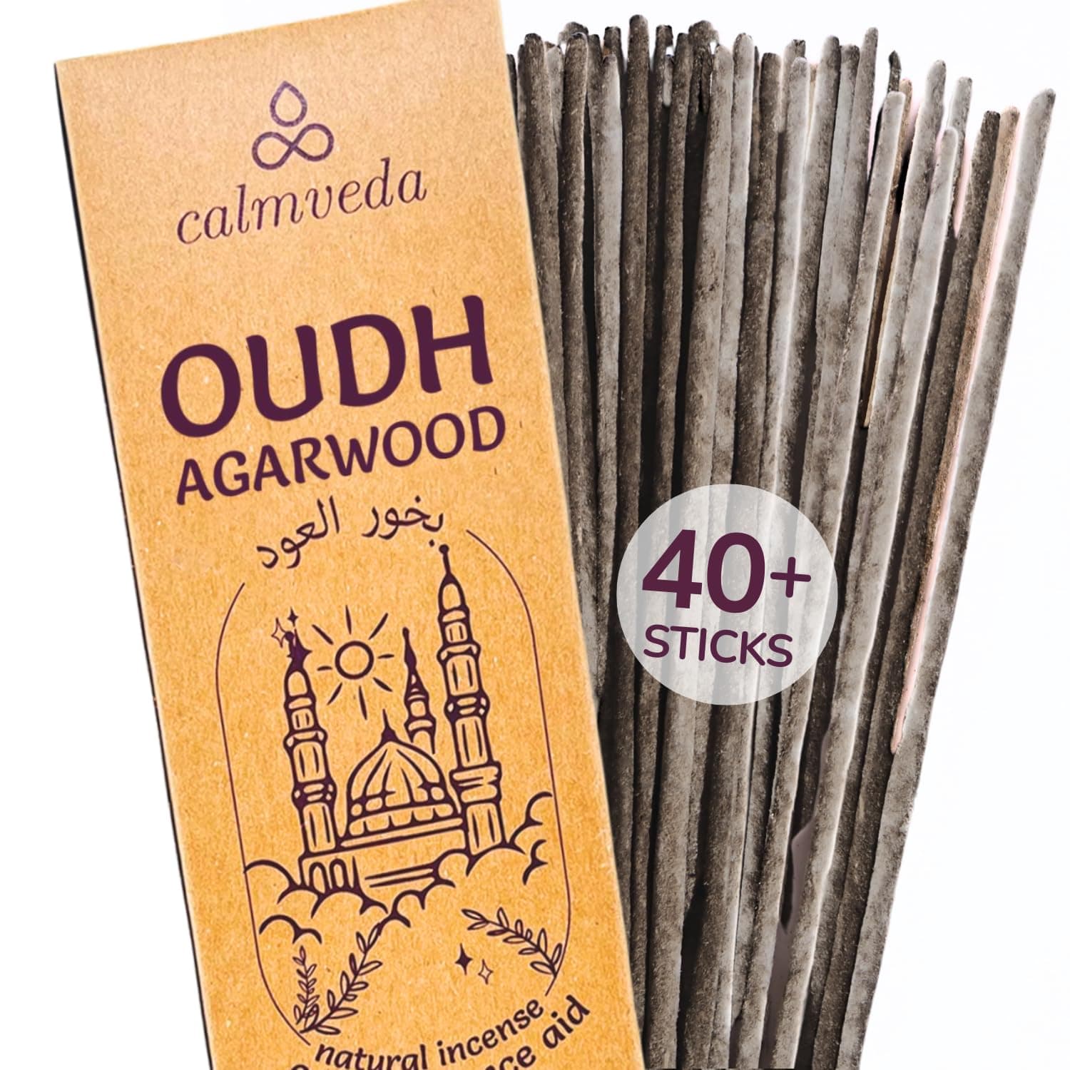 Calmveda Oud Incense Sticks - 40 Pack (9 inch, 45+ min Burn Time) - Clean Charcoal Free, Made from Assam Oud Chips, Thick Natural Resin Incense